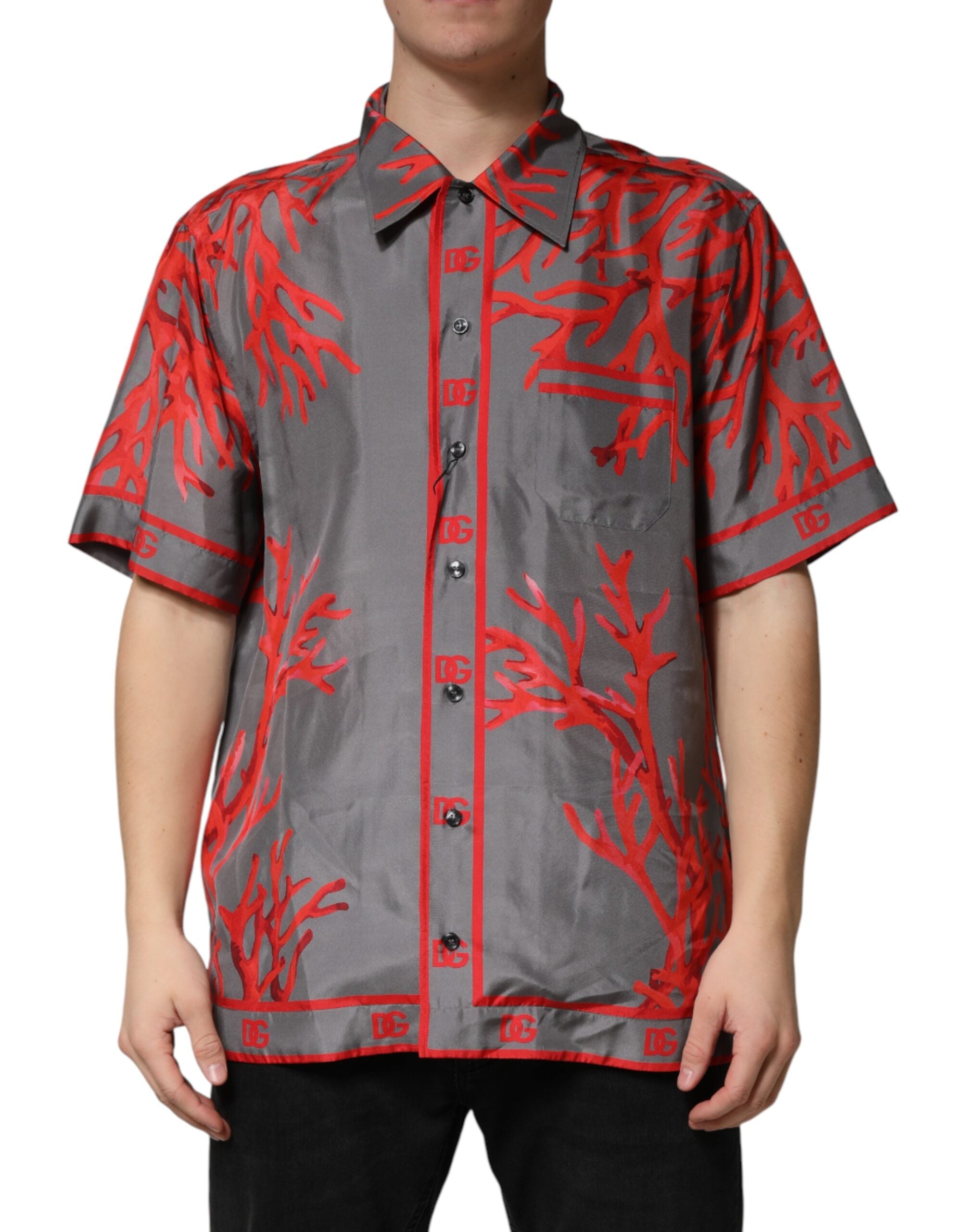 Dolce & Gabbana Gray Red Corals Short Sleeves Casual Shirt Dolce & Gabbana