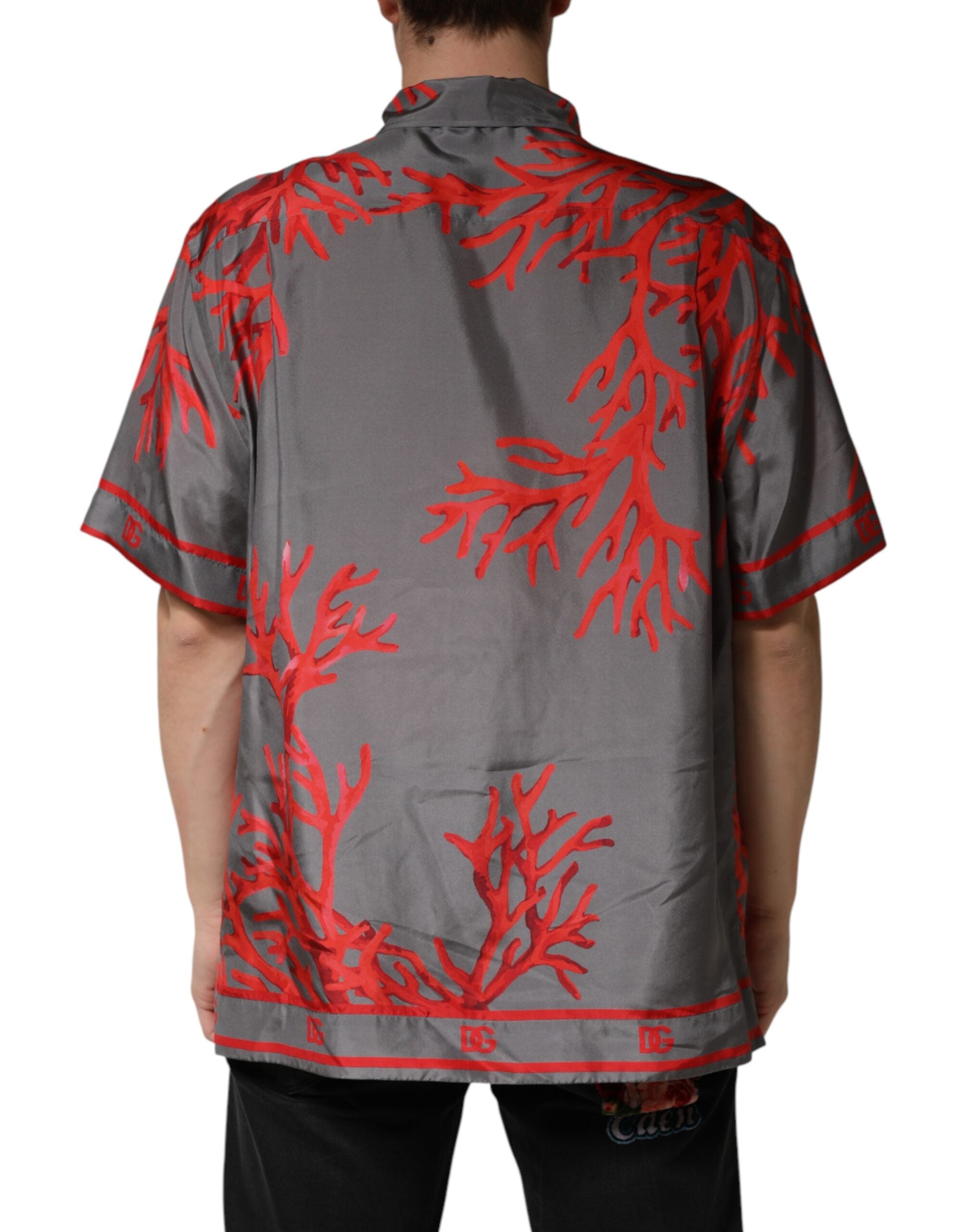 Dolce & Gabbana Gray Red Corals Short Sleeves Casual Shirt Dolce & Gabbana