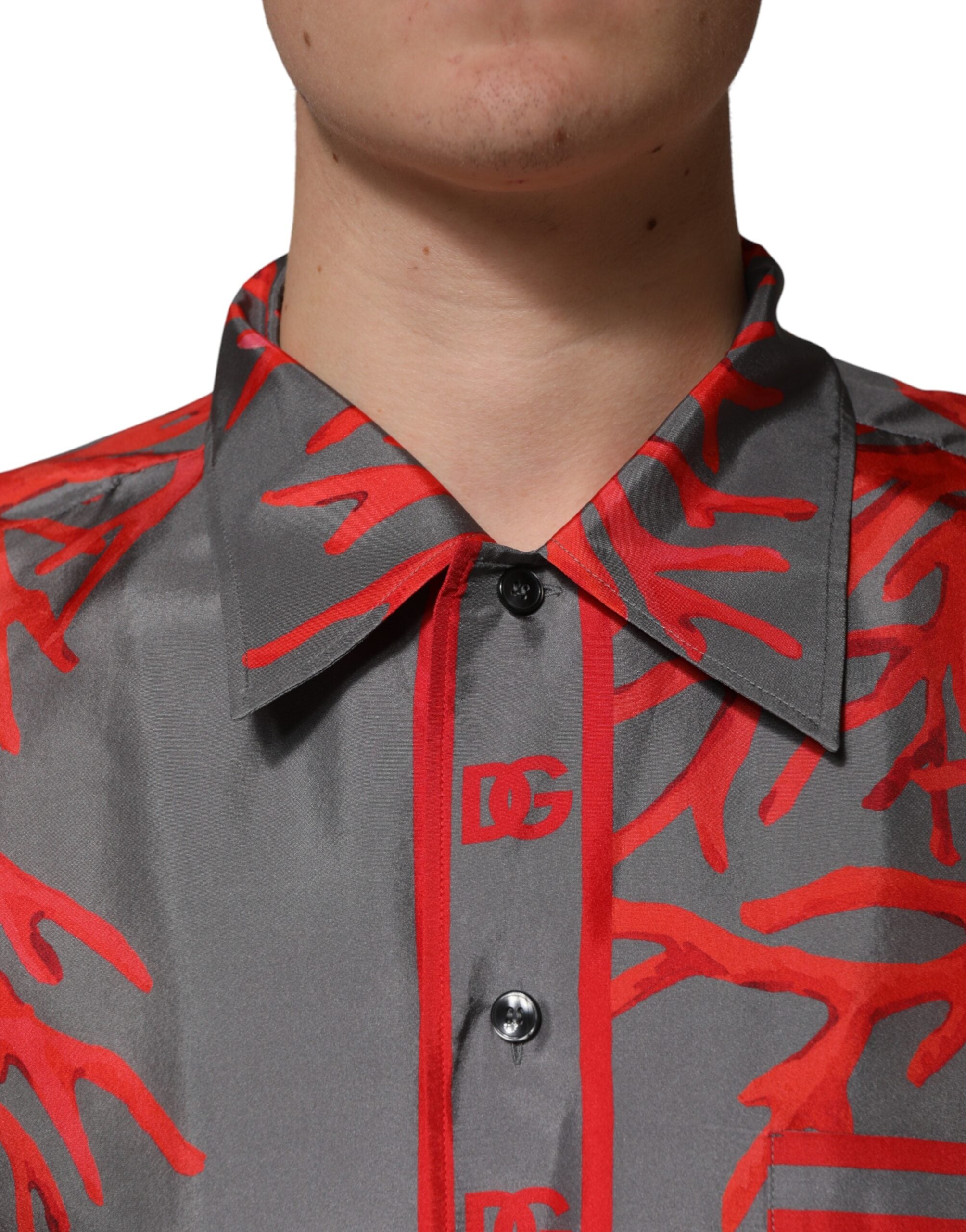 Dolce & Gabbana Gray Red Corals Short Sleeves Casual Shirt Dolce & Gabbana