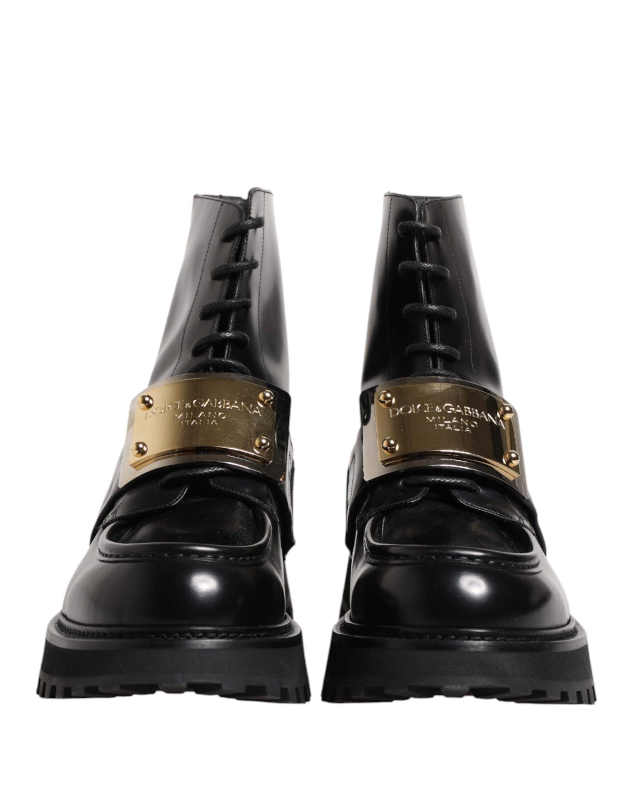 Dolce & Gabbana Black Leather DG Plaque Lace Up Boots Shoes Dolce & Gabbana