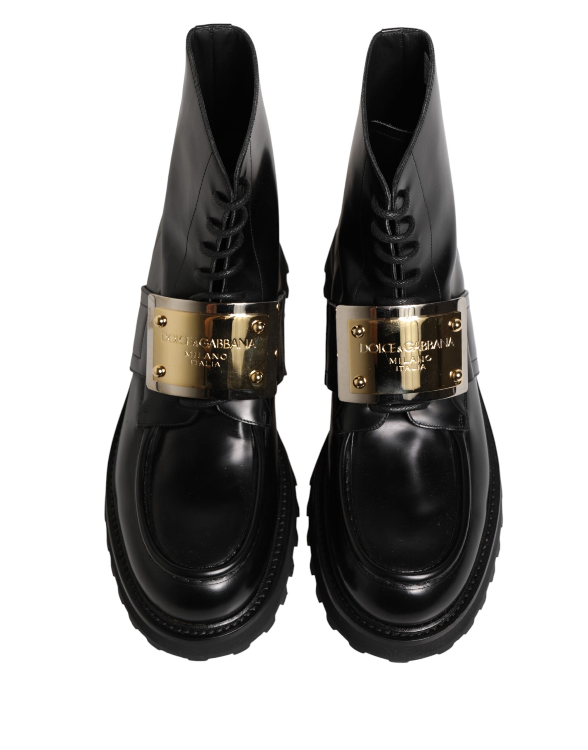 Dolce & Gabbana Black Leather DG Plaque Lace Up Boots Shoes Dolce & Gabbana