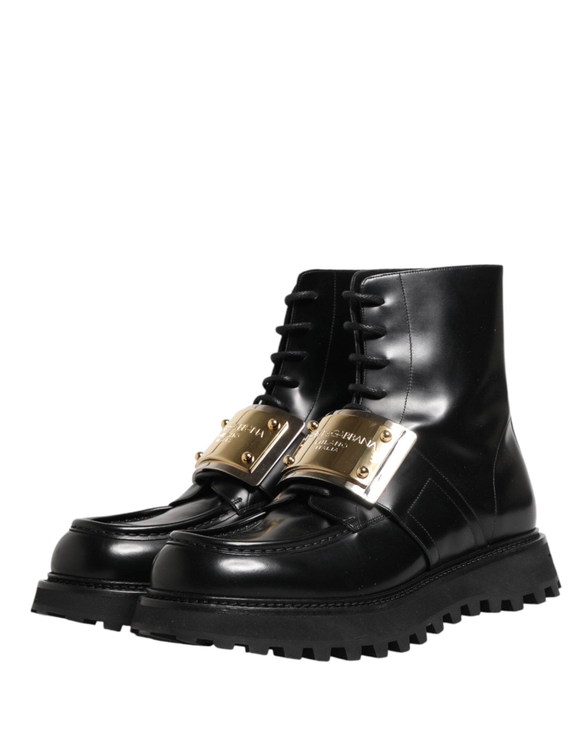 Dolce & Gabbana Black Leather DG Plaque Lace Up Boots Shoes Dolce & Gabbana