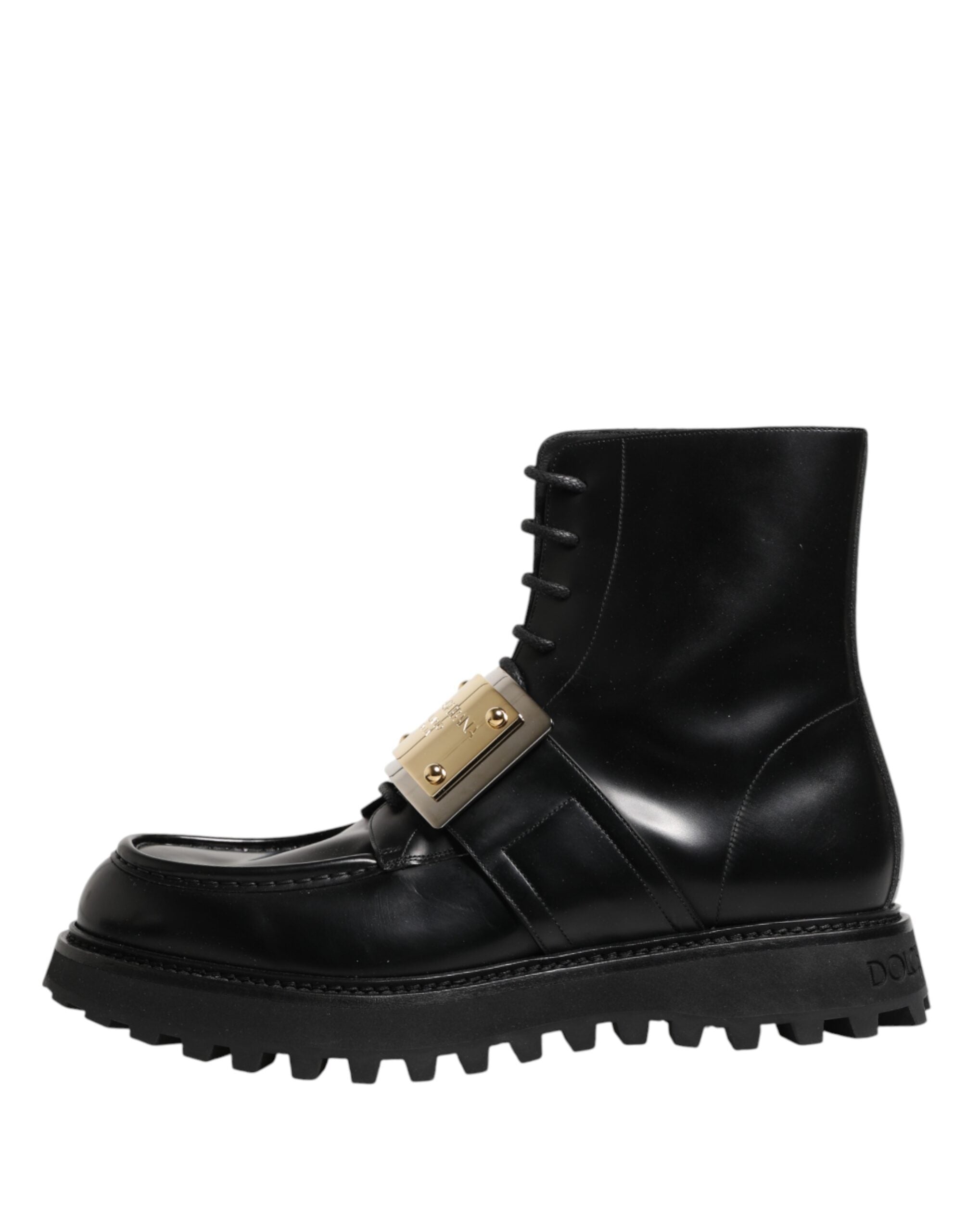 Dolce & Gabbana Black Leather DG Plaque Lace Up Boots Shoes Dolce & Gabbana