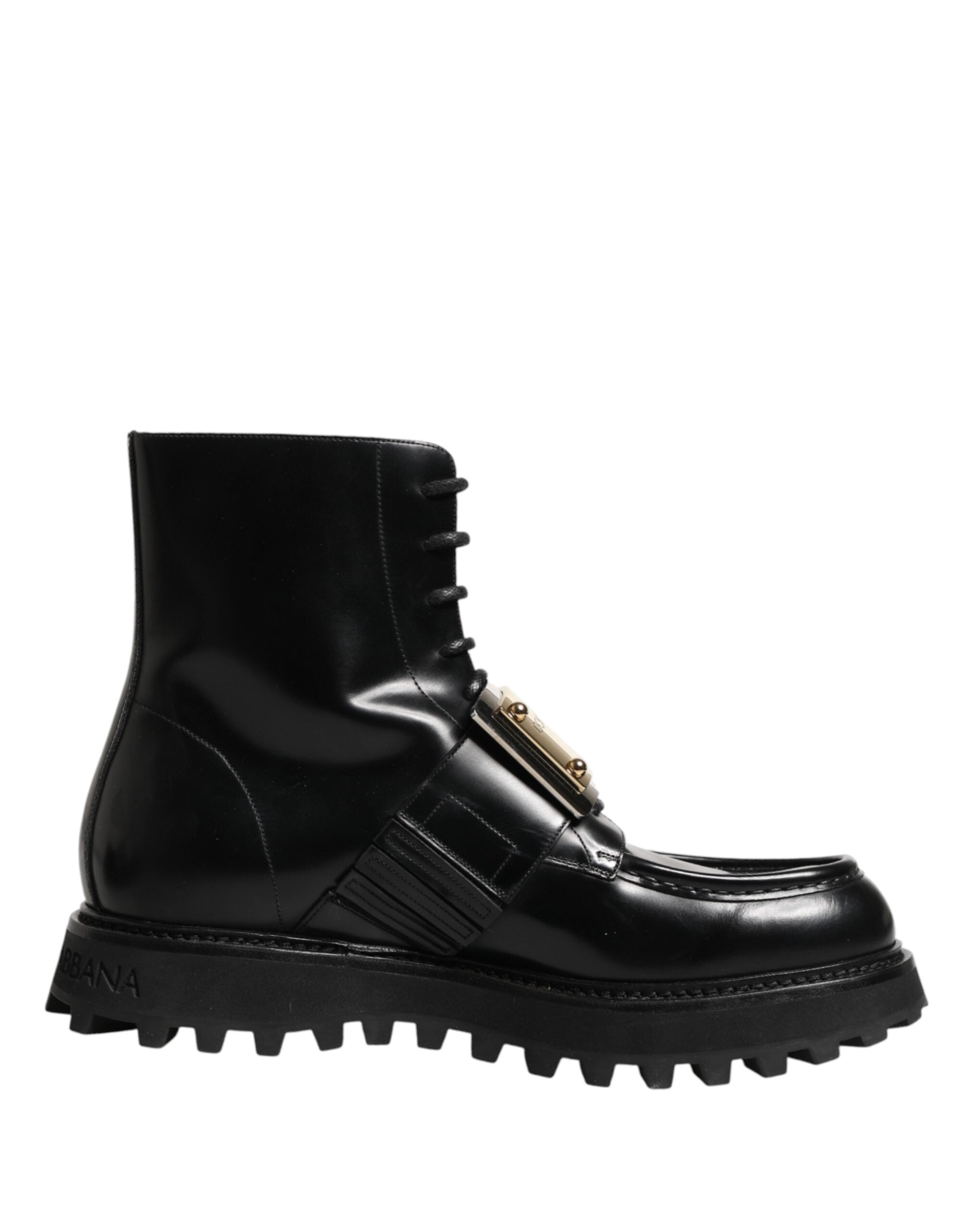 Dolce & Gabbana Black Leather DG Plaque Lace Up Boots Shoes Dolce & Gabbana