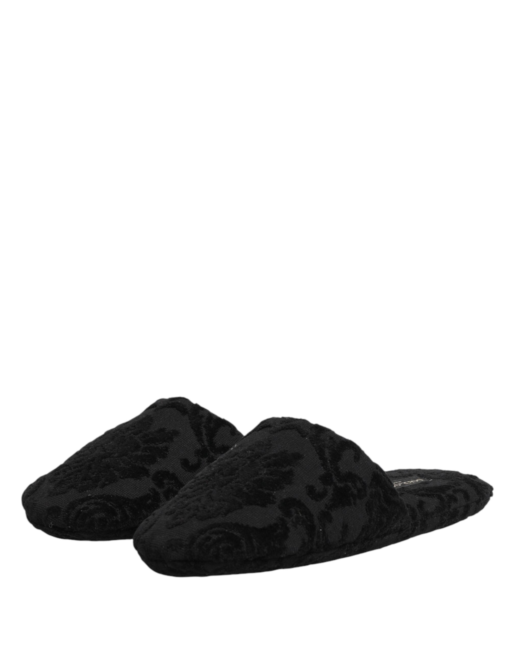 Dolce & Gabbana Black Logo Embroidered Slippers Flats Shoes Dolce & Gabbana