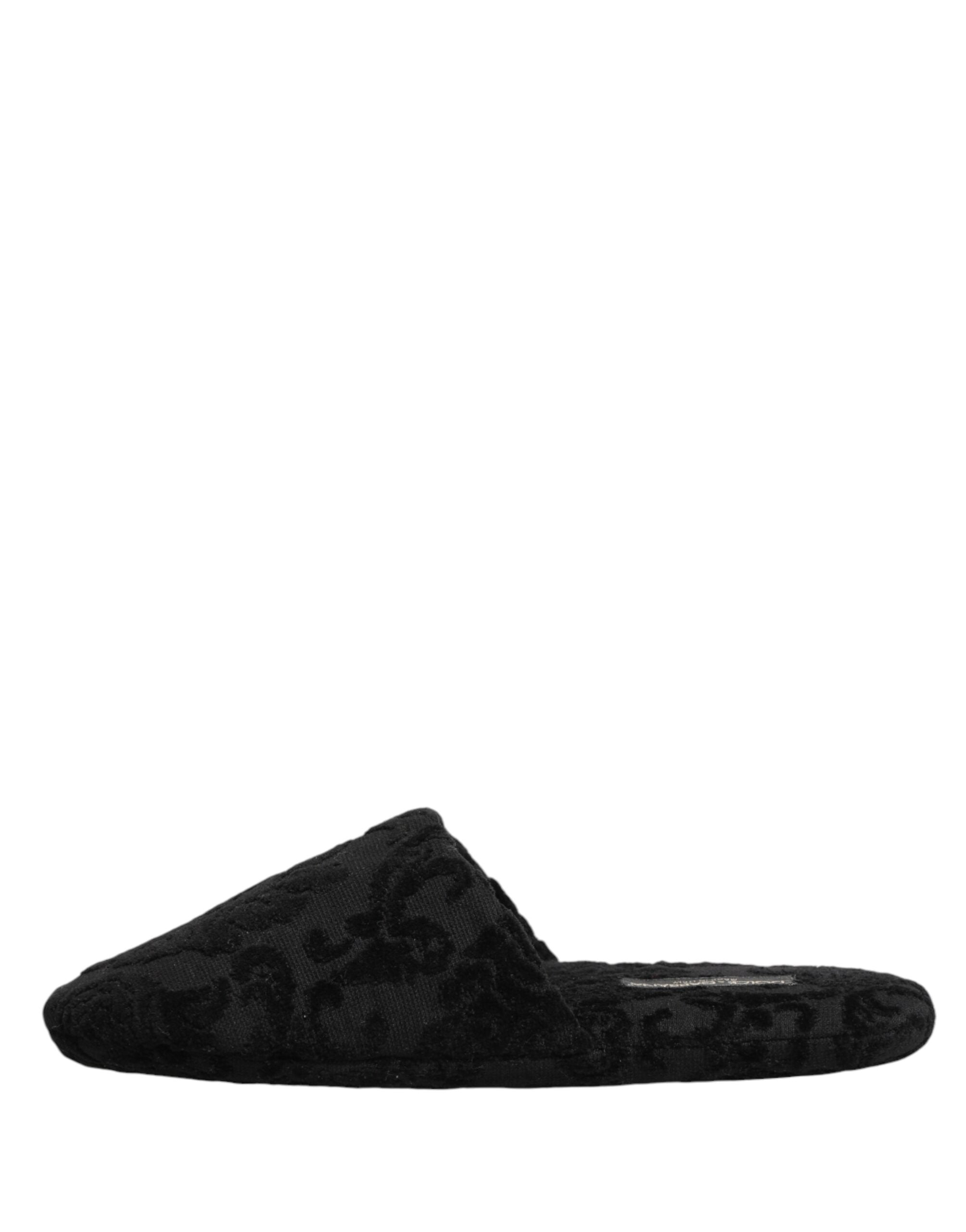Dolce & Gabbana Black Logo Embroidered Slippers Flats Shoes Dolce & Gabbana