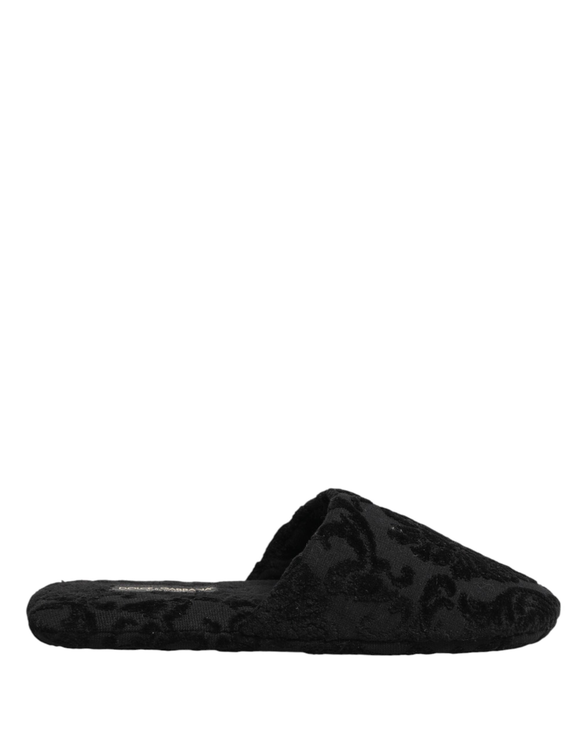 Dolce & Gabbana Black Logo Embroidered Slippers Flats Shoes Dolce & Gabbana