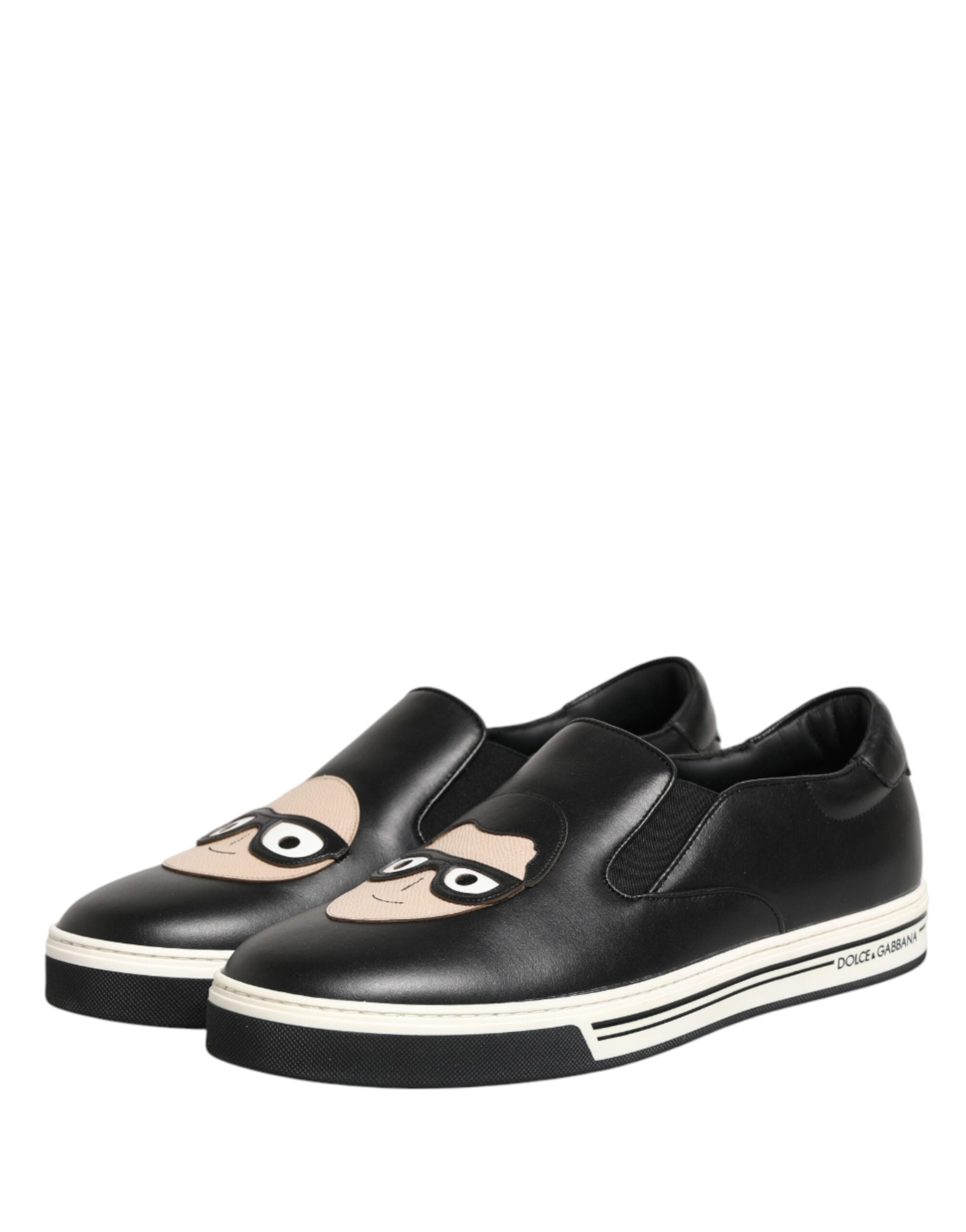 Dolce & Gabbana Black Leather Signature Figures Sneakers Shoes Dolce & Gabbana