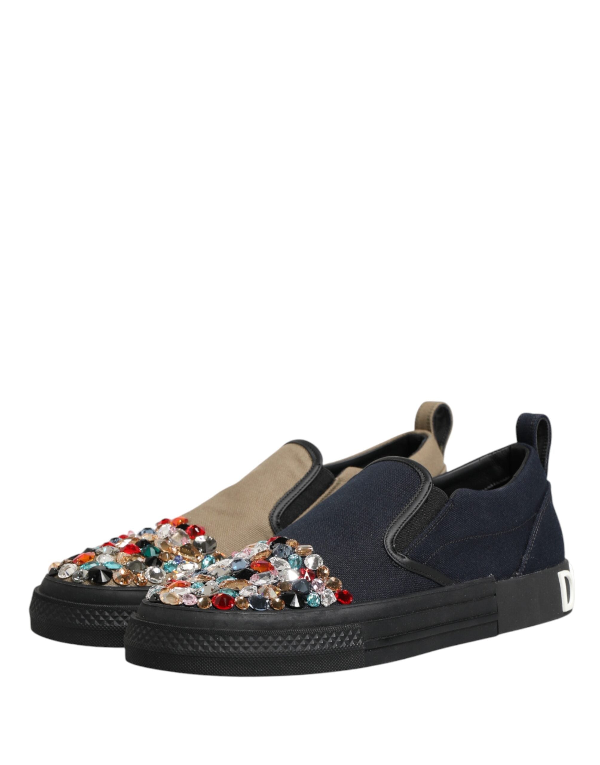 Dolce & Gabbana Blue Canvas Embellished Slip On Men Sneakers Shoes Dolce & Gabbana