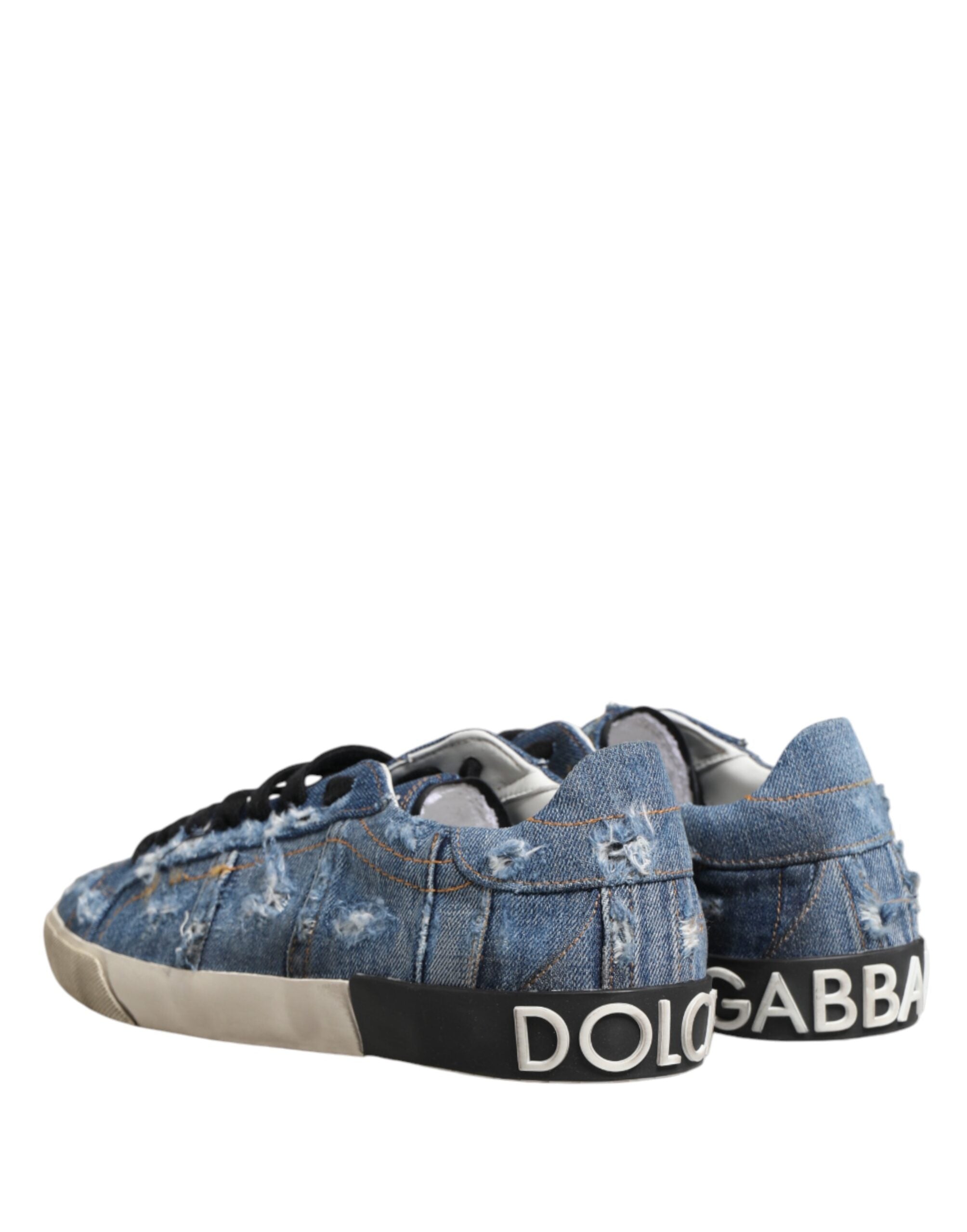 Dolce & Gabbana Blue Distressed Denim Low Top Sneakers Shoes Dolce & Gabbana