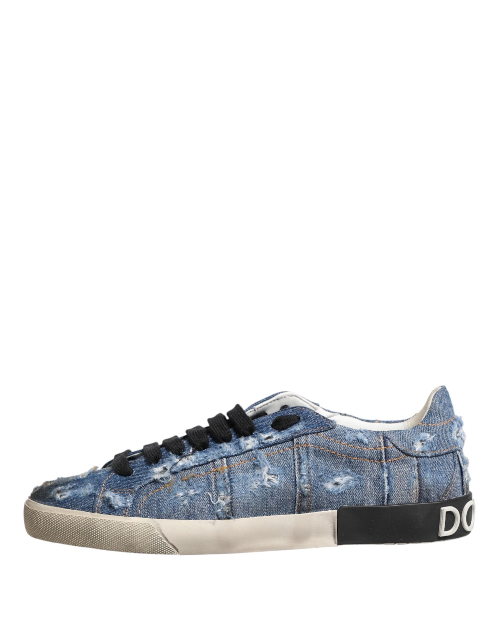Dolce & Gabbana Blue Distressed Denim Low Top Sneakers Shoes Dolce & Gabbana
