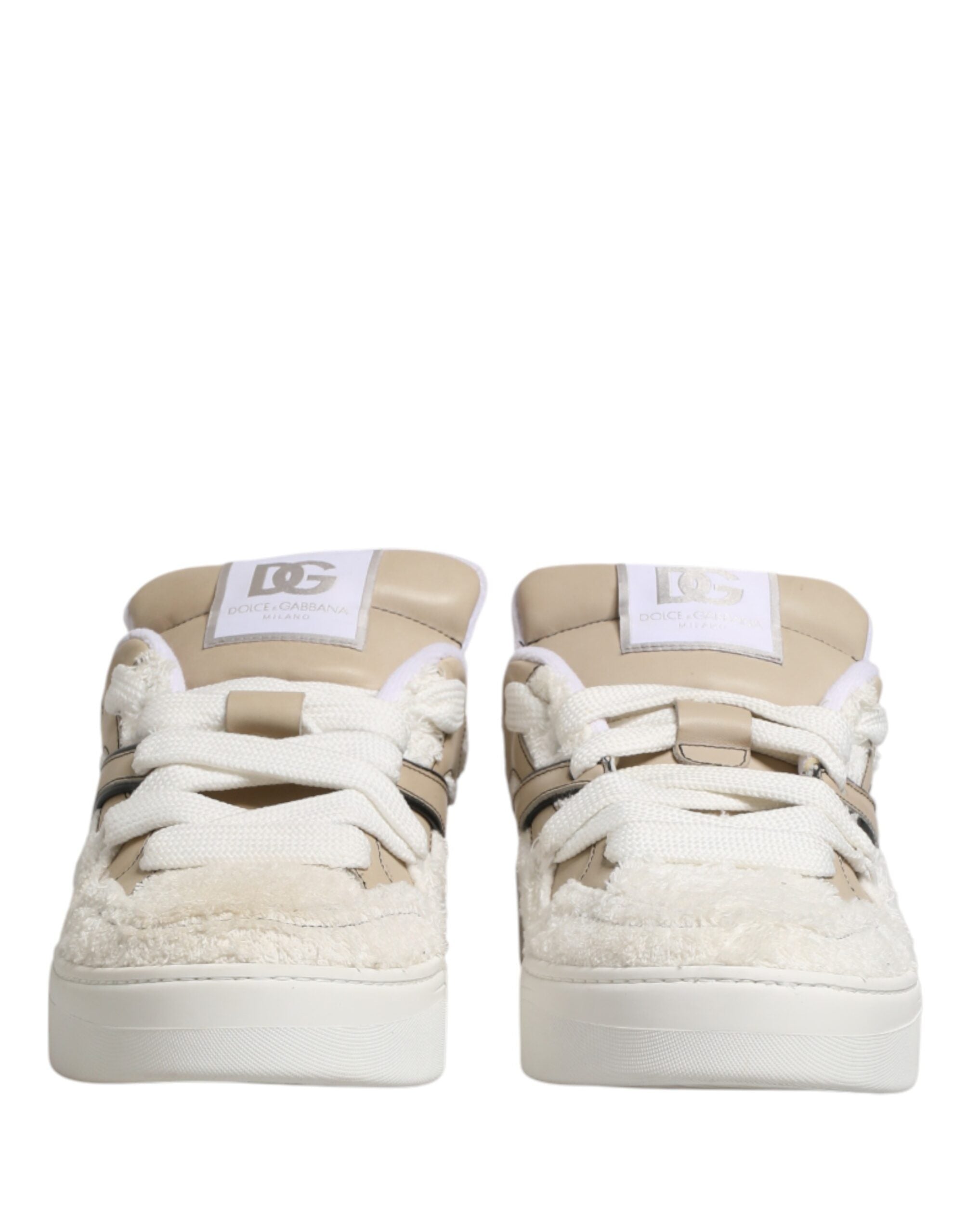 Dolce & Gabbana White Beige Faux Shearling Low Top Sneakers Shoes Dolce & Gabbana