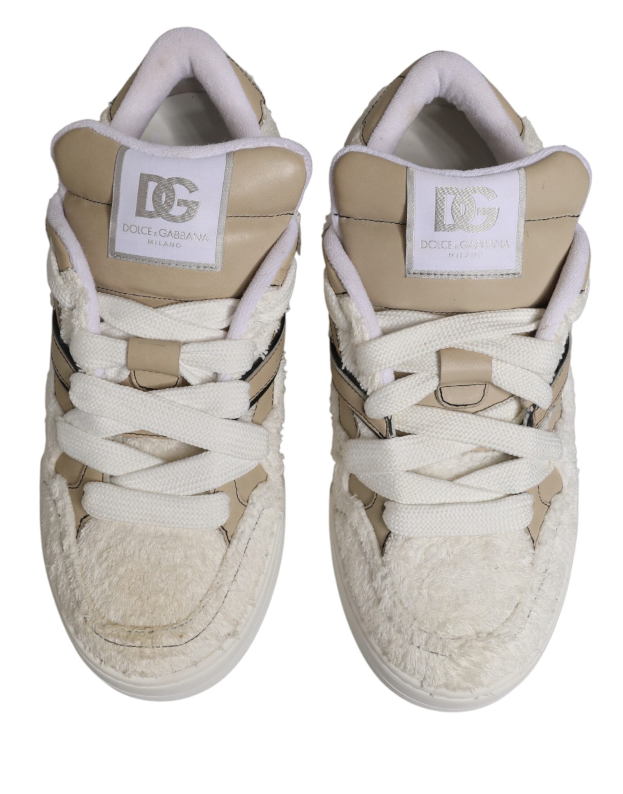 Dolce & Gabbana White Beige Faux Shearling Low Top Sneakers Shoes Dolce & Gabbana