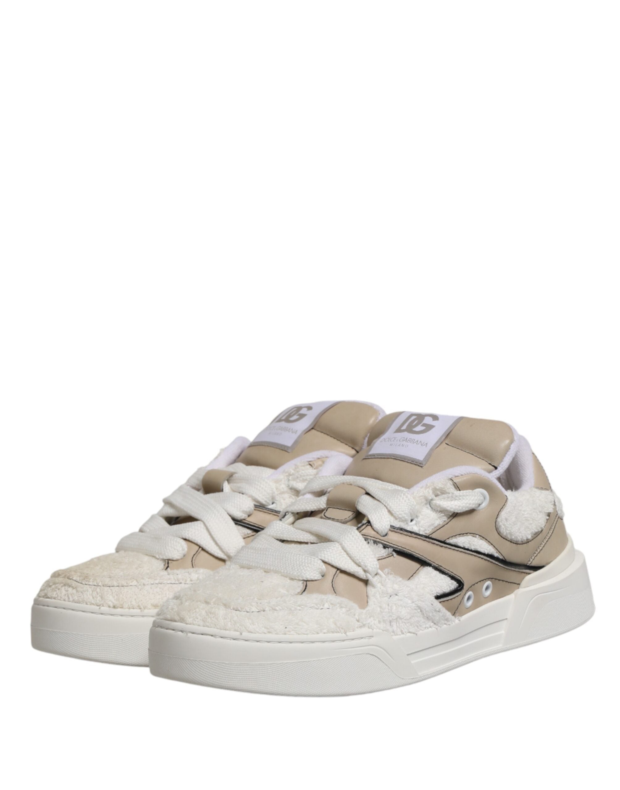 Dolce & Gabbana White Beige Faux Shearling Low Top Sneakers Shoes Dolce & Gabbana