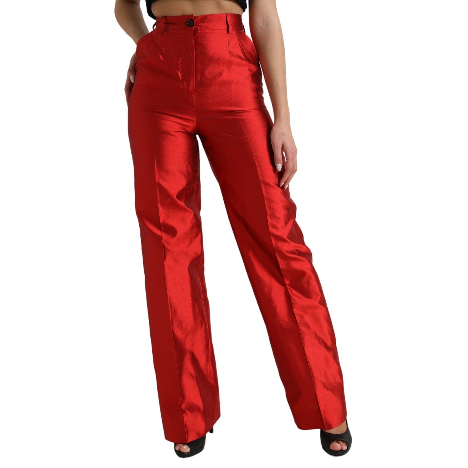 Dolce & Gabbana Red Satin Silk High Waist Wide Leg Pants Dolce & Gabbana