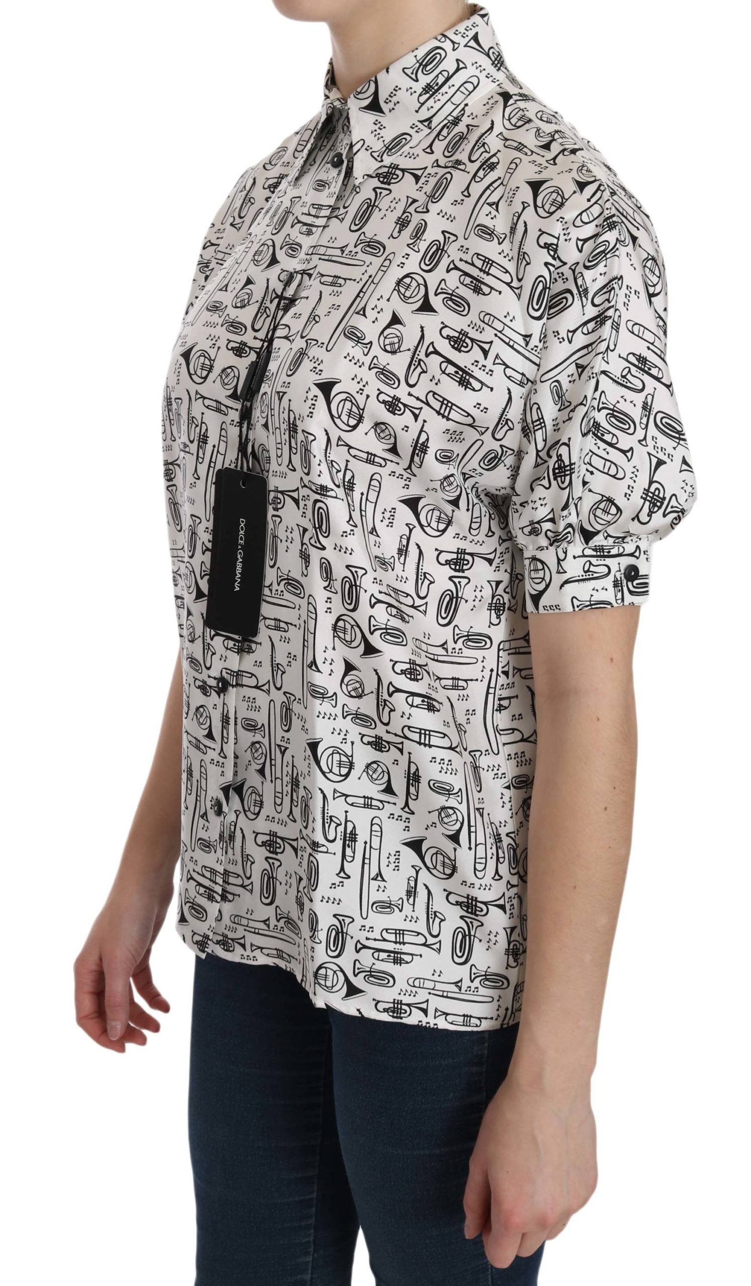 Dolce & Gabbana White Musical Instrument Collared Blouse  Shirt Dolce & Gabbana