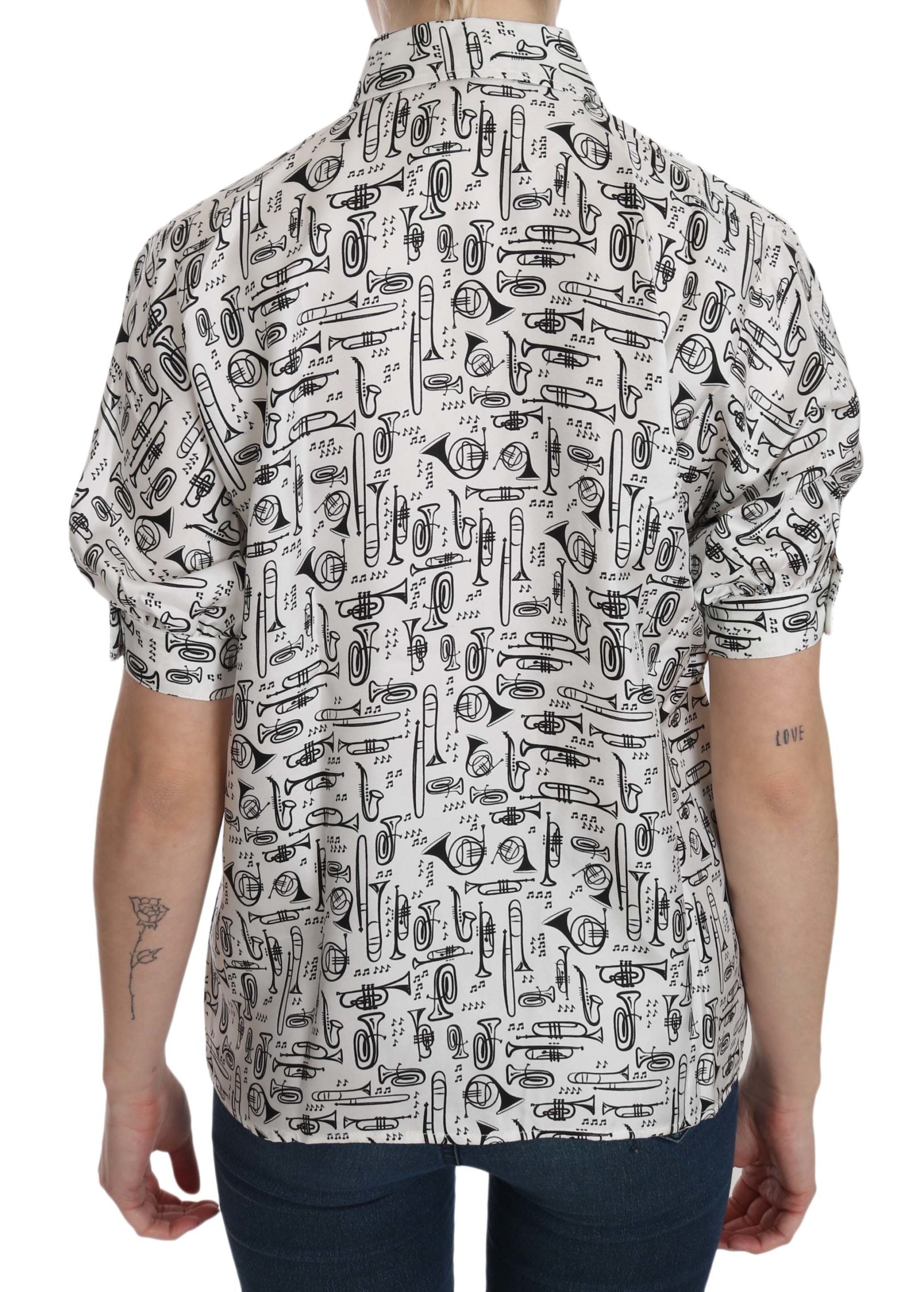 Dolce & Gabbana White Musical Instrument Collared Blouse  Shirt Dolce & Gabbana