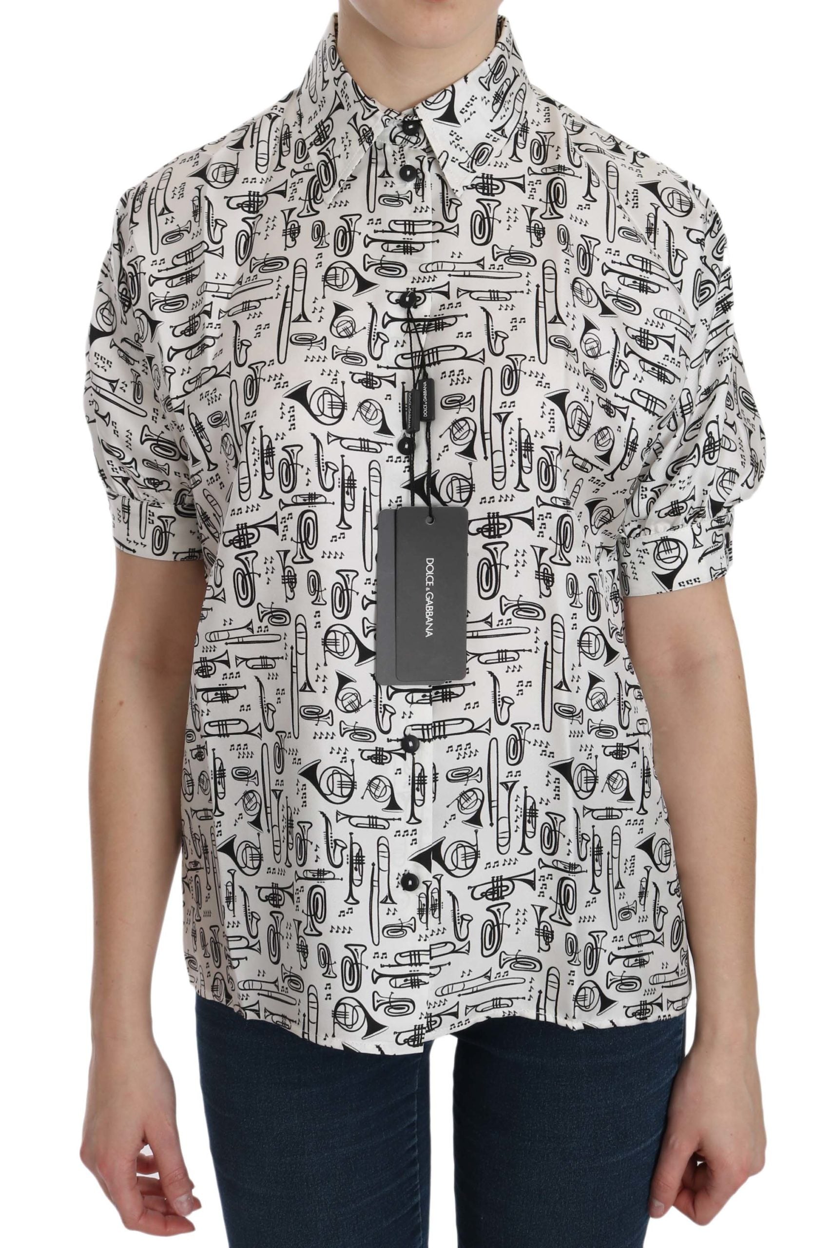 Dolce & Gabbana White Musical Instrument Collared Blouse  Shirt Dolce & Gabbana