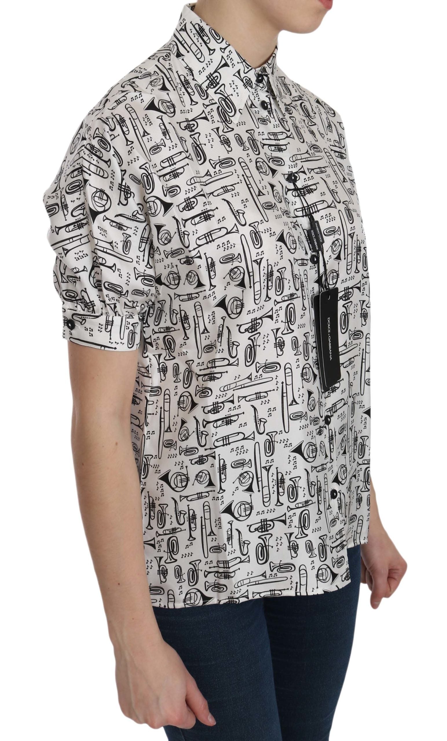 Dolce & Gabbana White Musical Instrument Collared Blouse  Shirt Dolce & Gabbana
