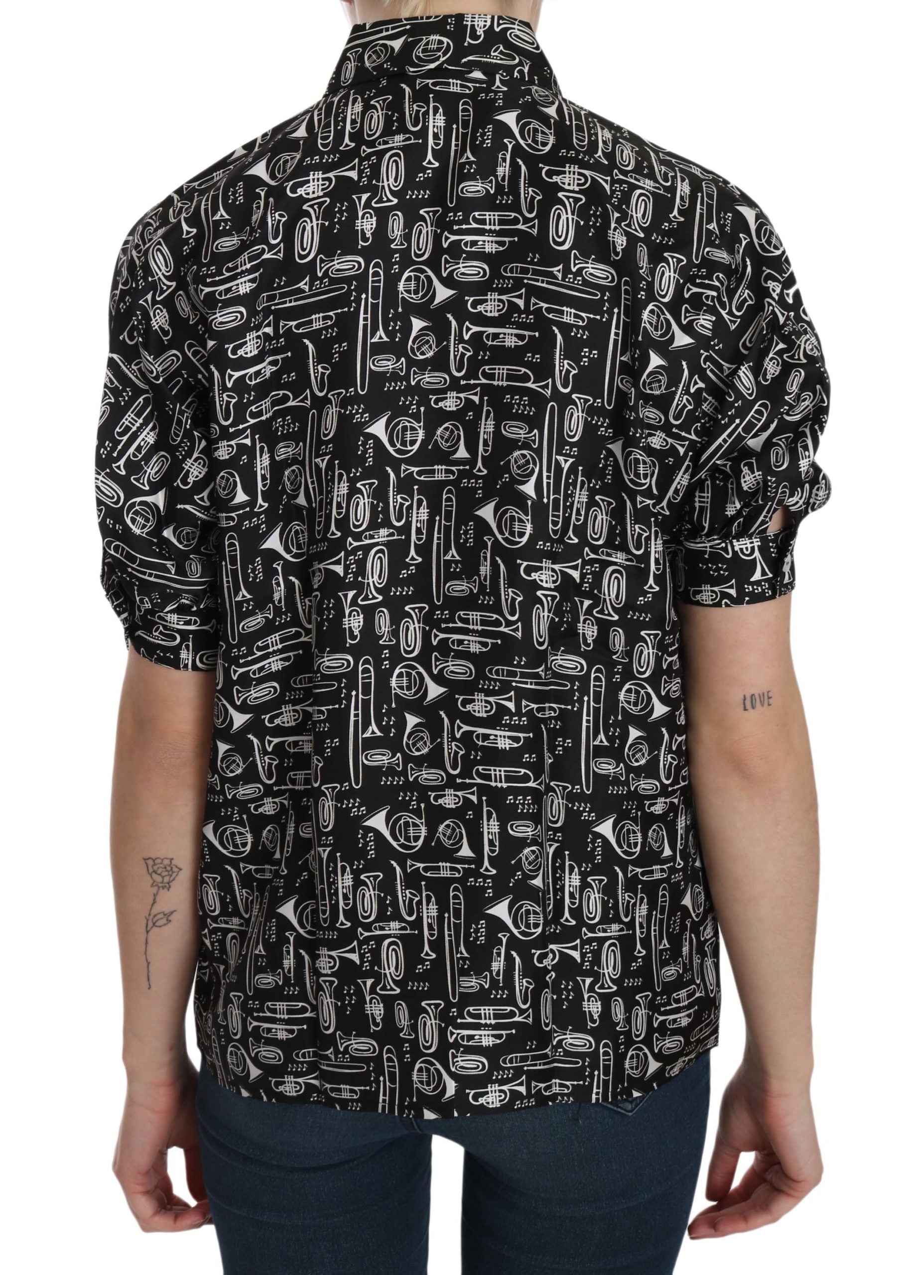 Dolce & Gabbana Black Musical Instrument Collared Blouse Shirt Dolce & Gabbana