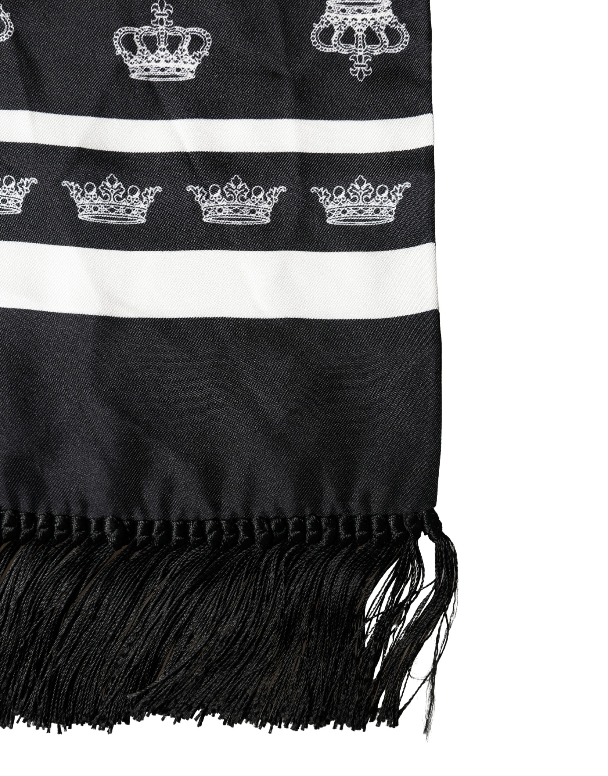 Dolce & Gabbana Black Silk Crown Fringe Neck Wrap 173cm x 32.5cm Scarf Dolce & Gabbana