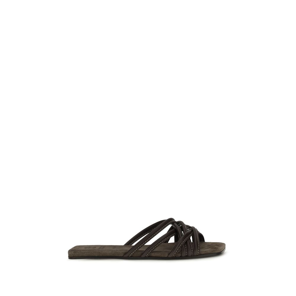 Brunello Cucinelli Brown Calf Leather Bos Taurus Flat Sandals Brunello Cucinelli