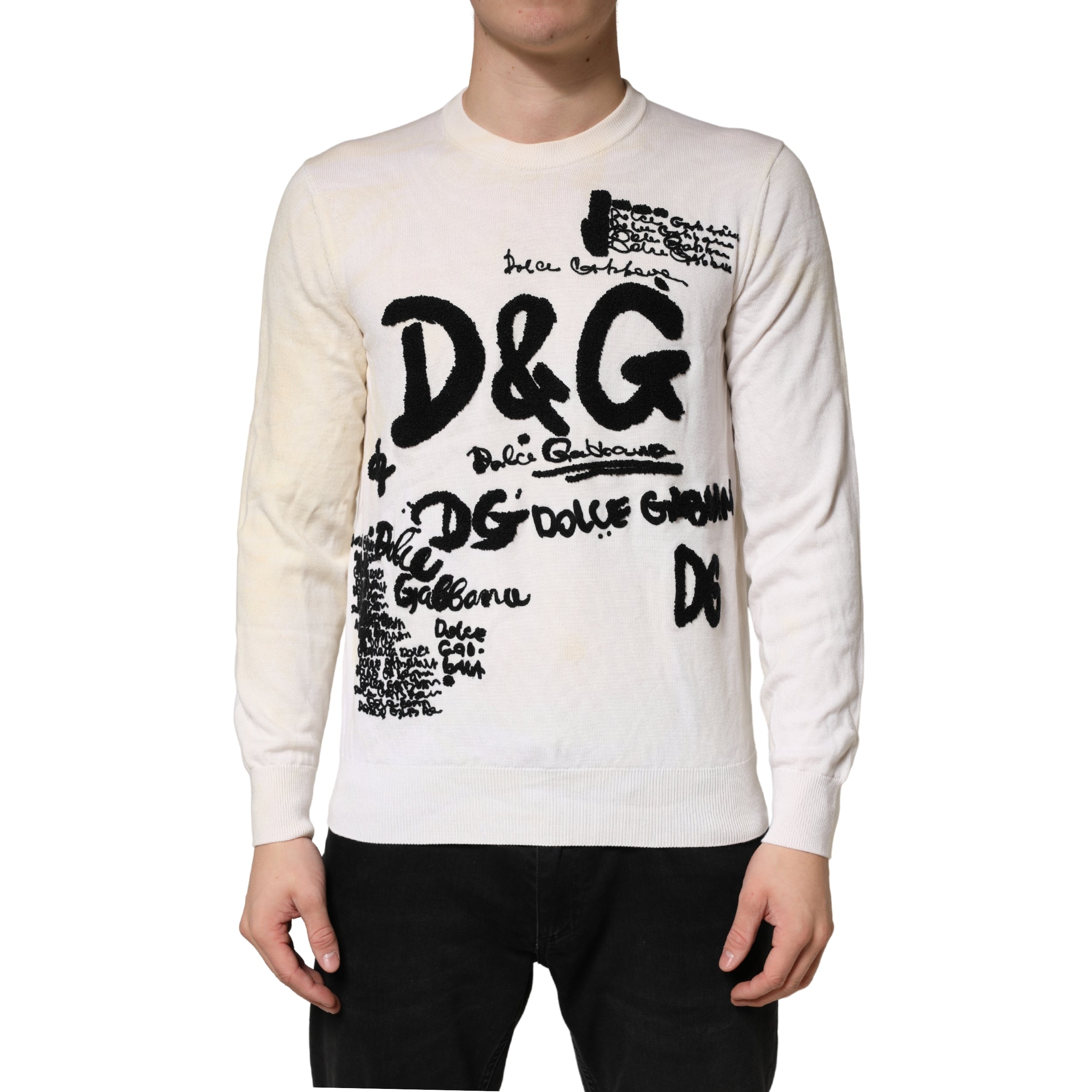 Dolce & Gabbana White Virgin Wool Graphic Logo Crewneck Sweater Dolce & Gabbana