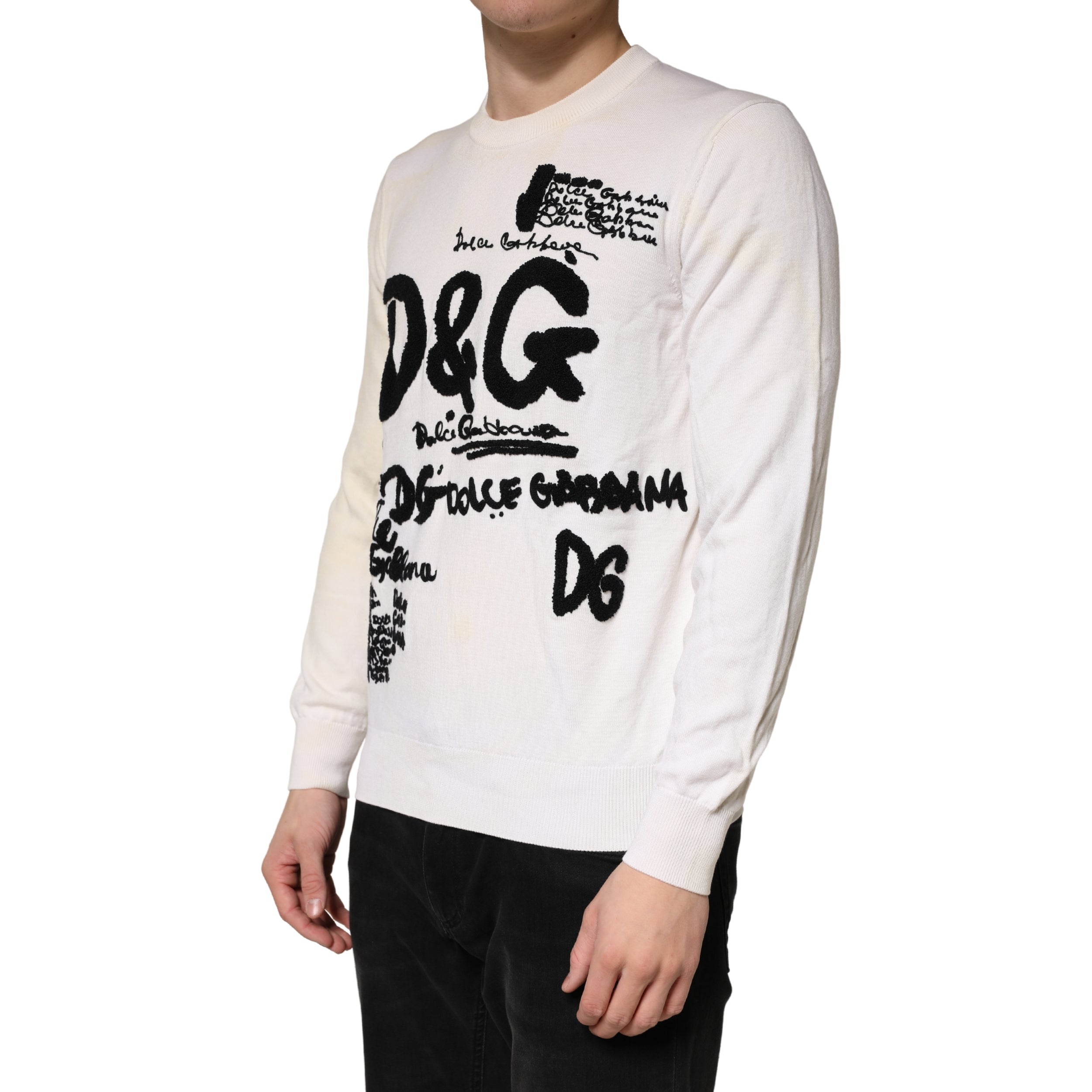 Dolce & Gabbana White Virgin Wool Graphic Logo Crewneck Sweater Dolce & Gabbana