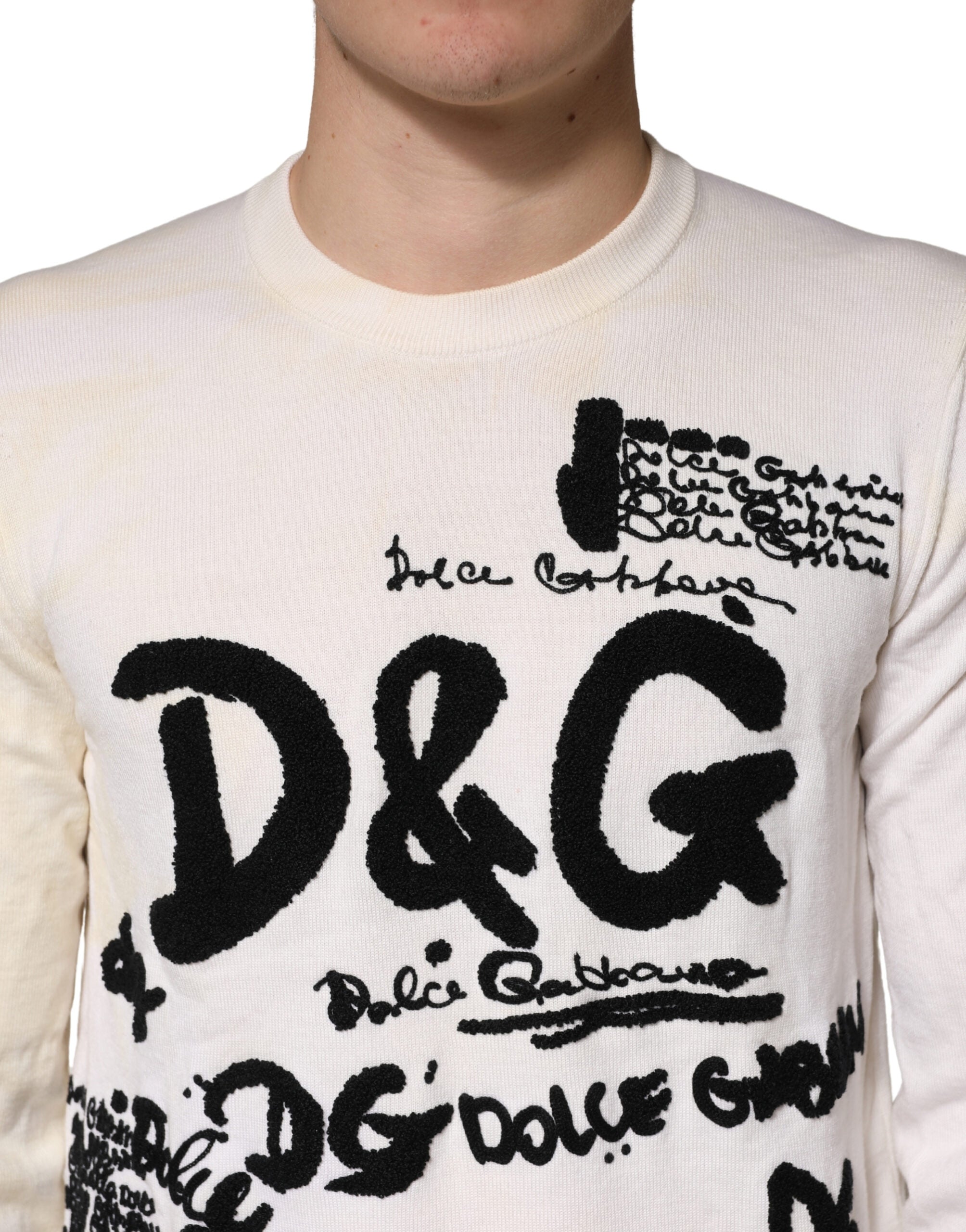 Dolce & Gabbana White Virgin Wool Graphic Logo Crewneck Sweater Dolce & Gabbana