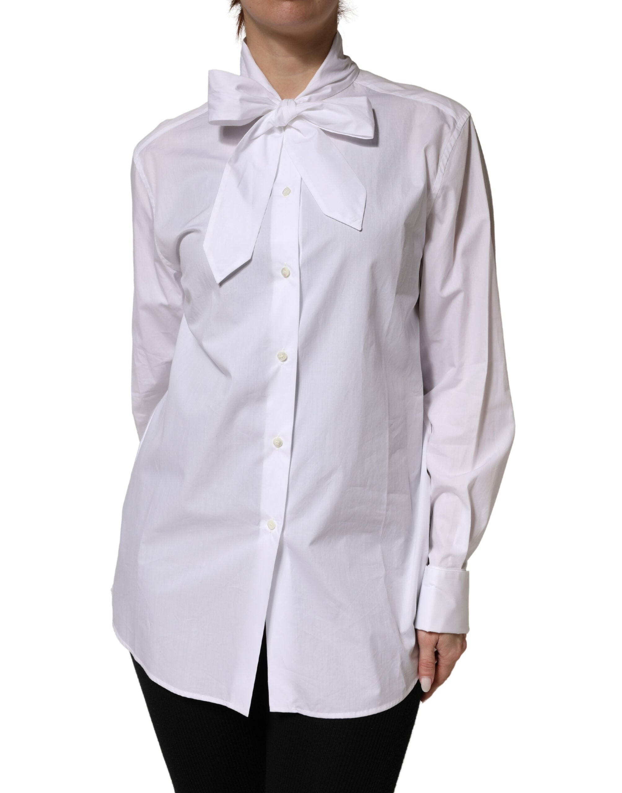 Dolce & Gabbana White Cotton Bow Tie Long Sleeves Blouse Top Dolce & Gabbana