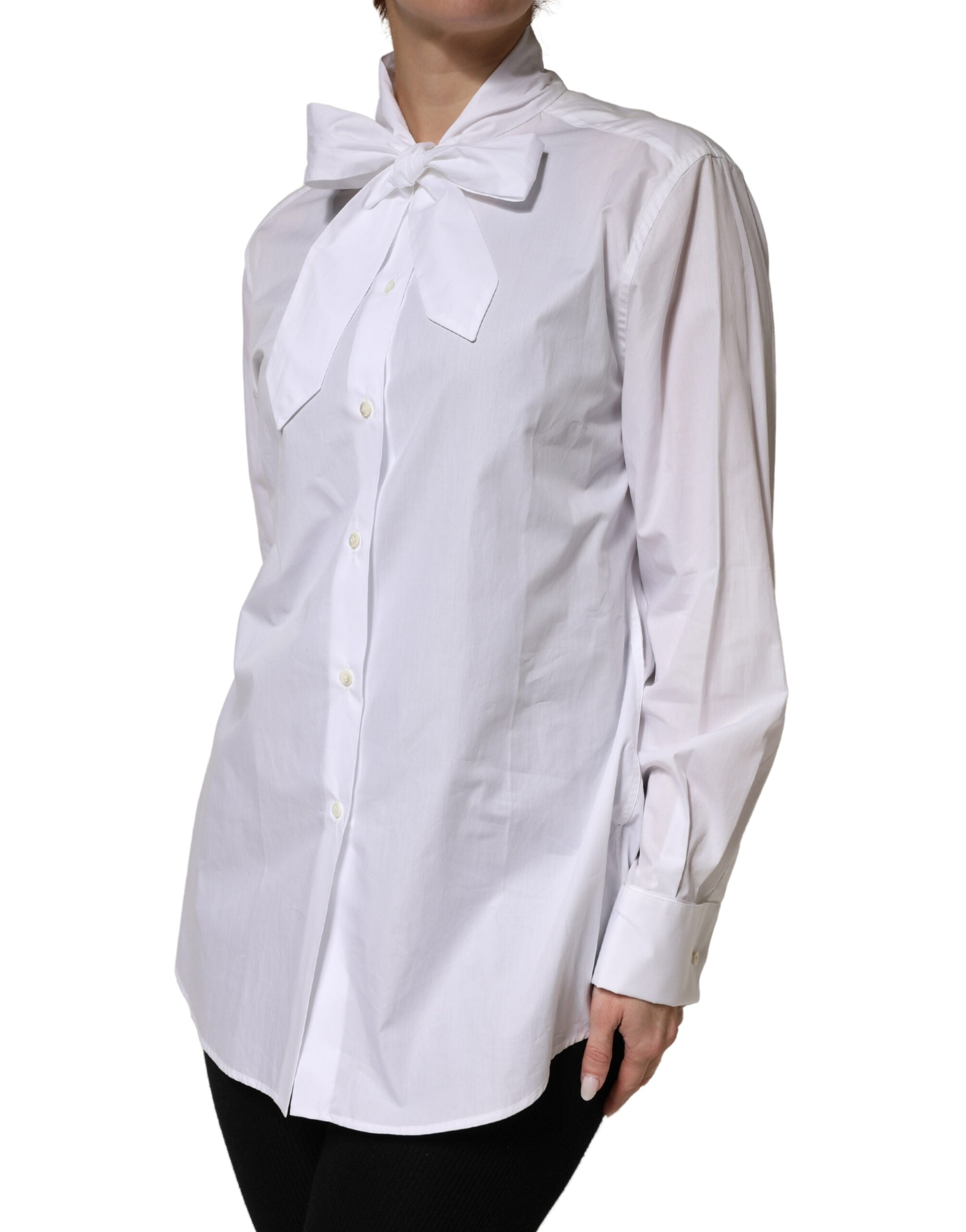 Dolce & Gabbana White Cotton Bow Tie Long Sleeves Blouse Top Dolce & Gabbana
