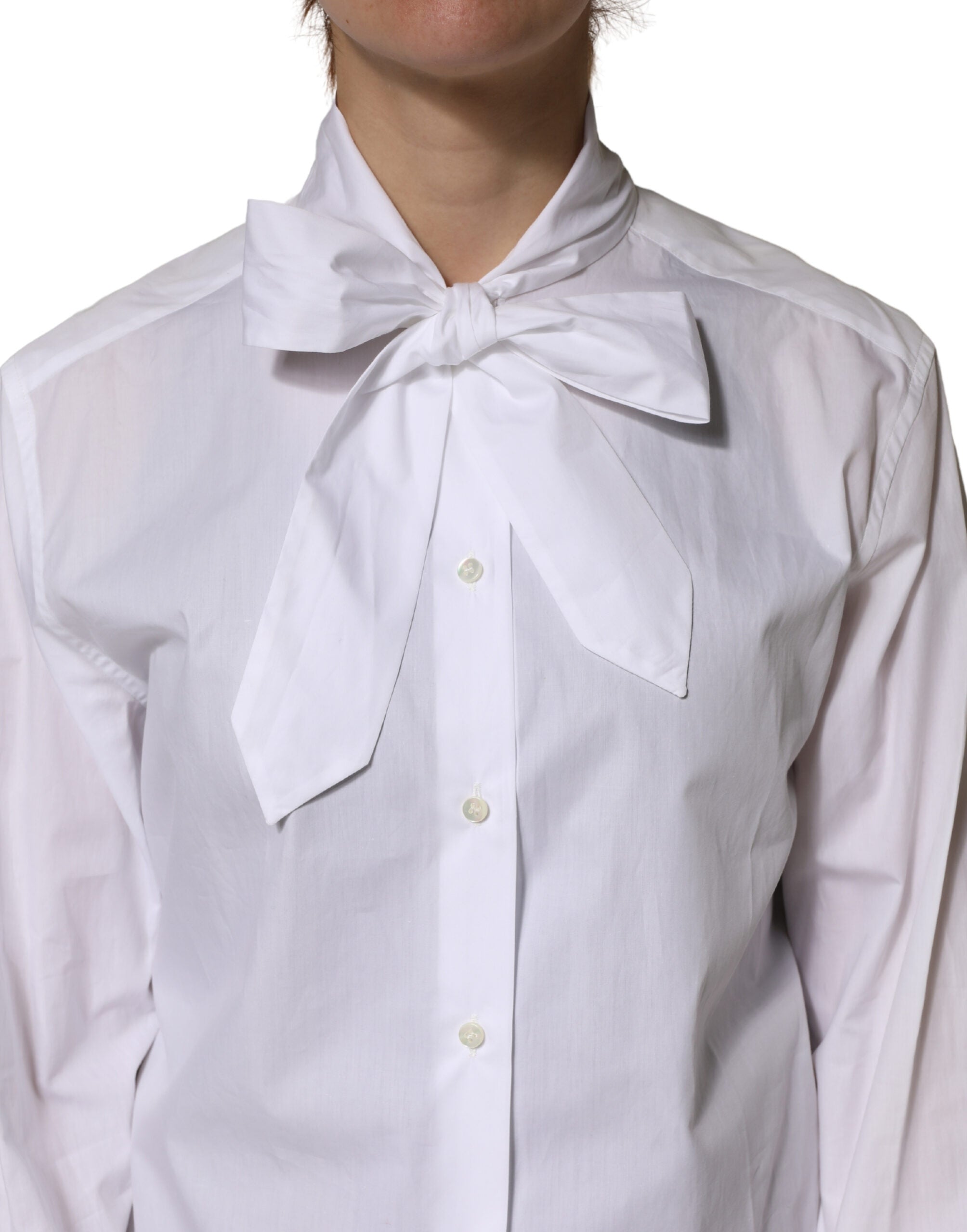 Dolce & Gabbana White Cotton Bow Tie Long Sleeves Blouse Top Dolce & Gabbana