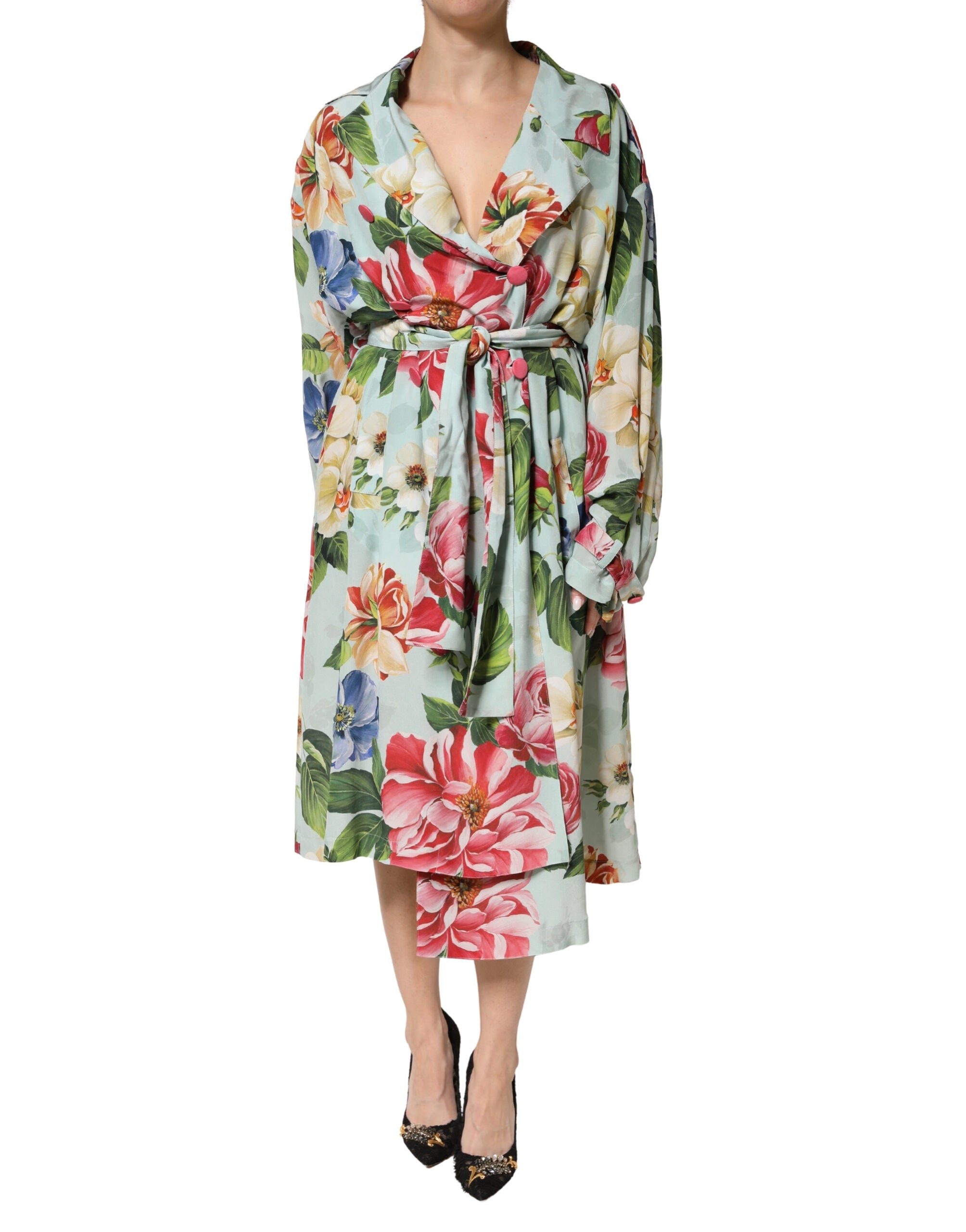 Dolce & Gabbana Green Floral Silk Wrap Midi Long Sleeve Dress Dolce & Gabbana