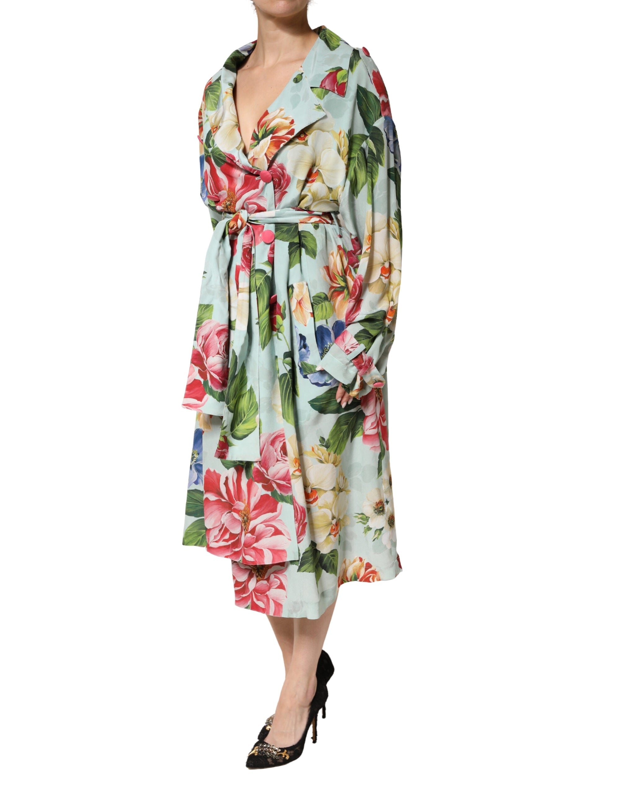 Dolce & Gabbana Green Floral Silk Wrap Midi Long Sleeve Dress Dolce & Gabbana