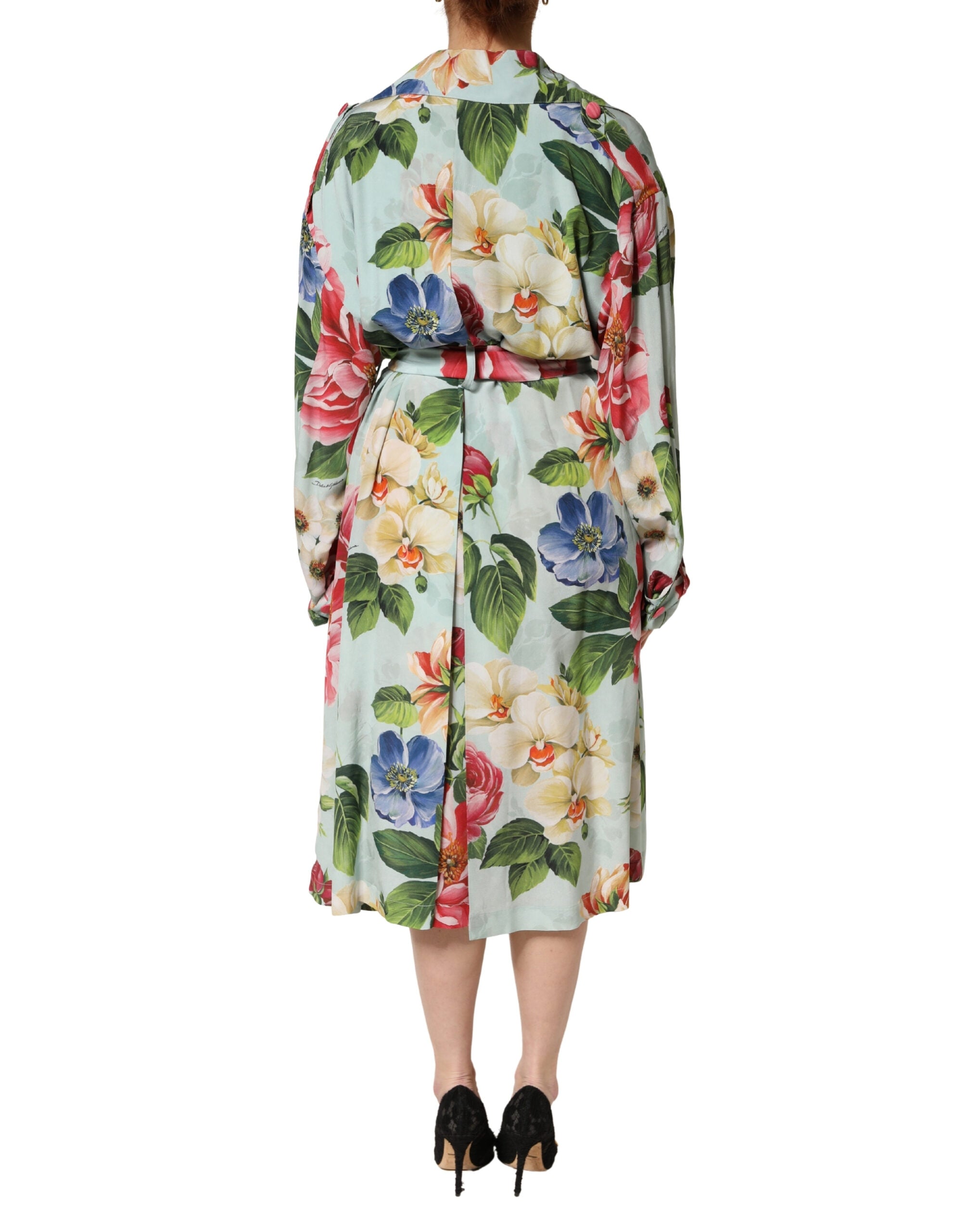 Dolce & Gabbana Green Floral Silk Wrap Midi Long Sleeve Dress Dolce & Gabbana