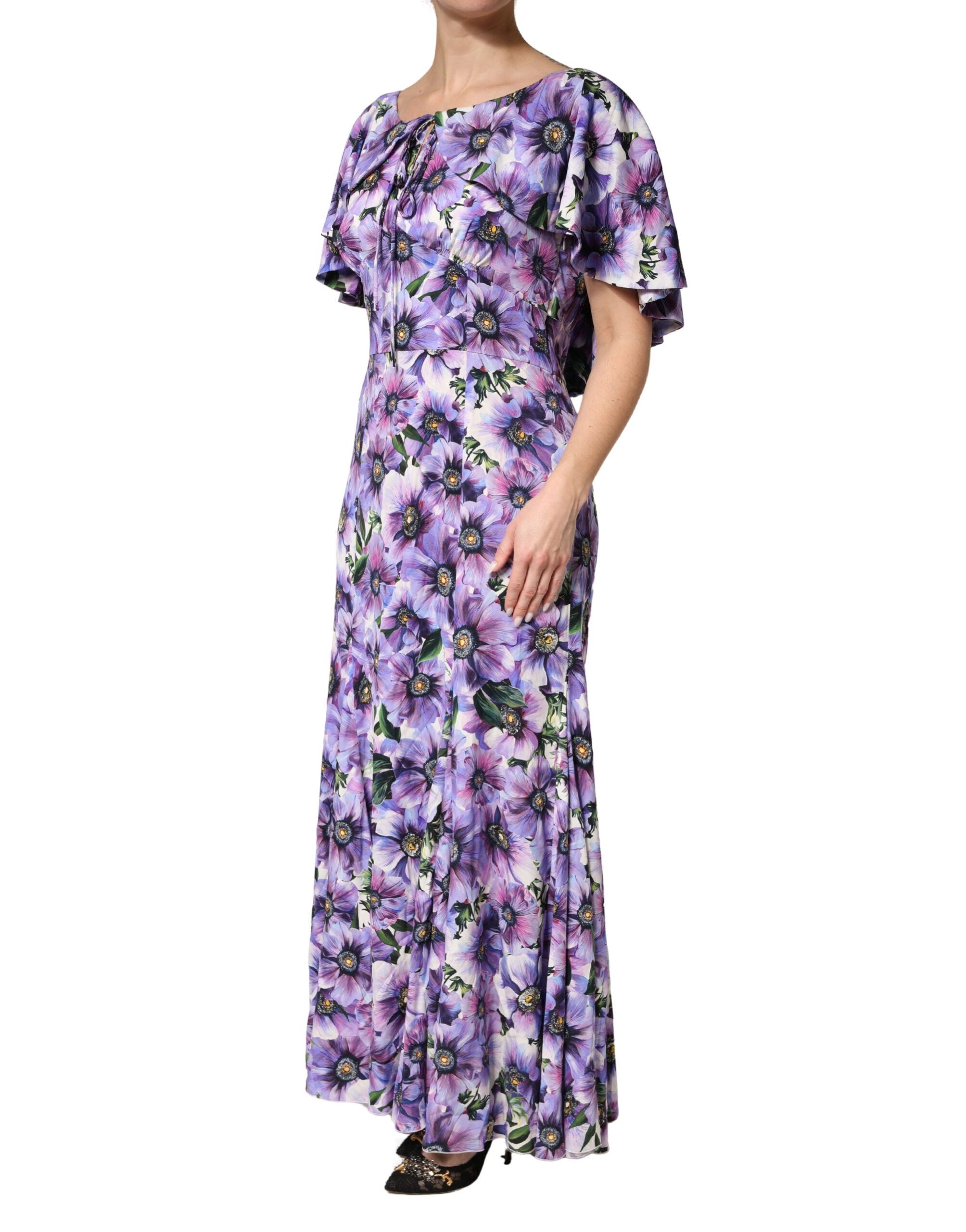 Dolce & Gabbana Purple Floral Silk Stretch Elegant Gown  Dress Dolce & Gabbana