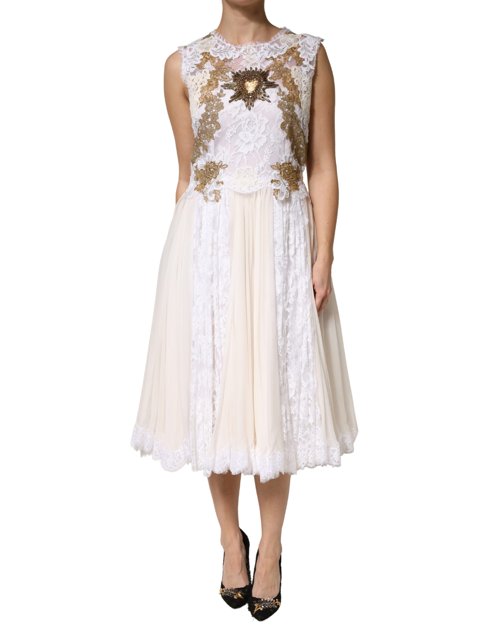 Dolce & Gabbana Ivory Lace Silk Embellished Sleeveless  Dress Dolce & Gabbana