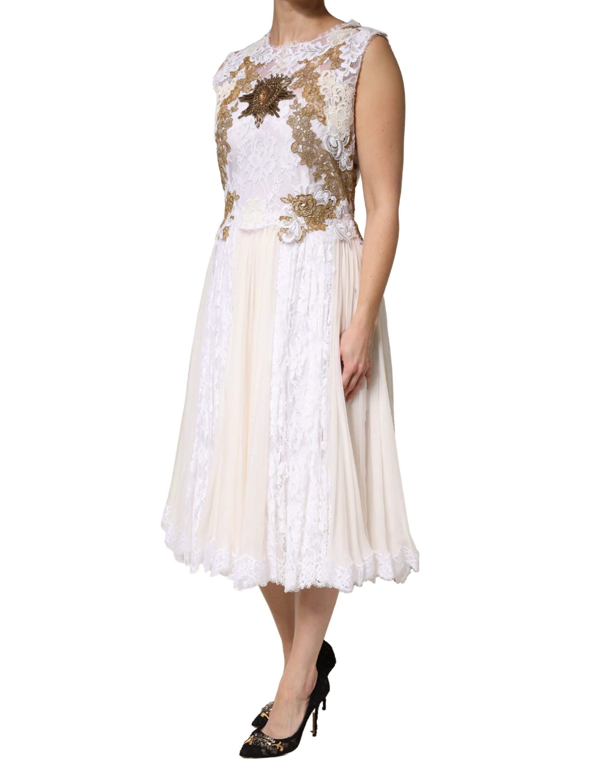 Dolce & Gabbana Ivory Lace Silk Embellished Sleeveless  Dress Dolce & Gabbana