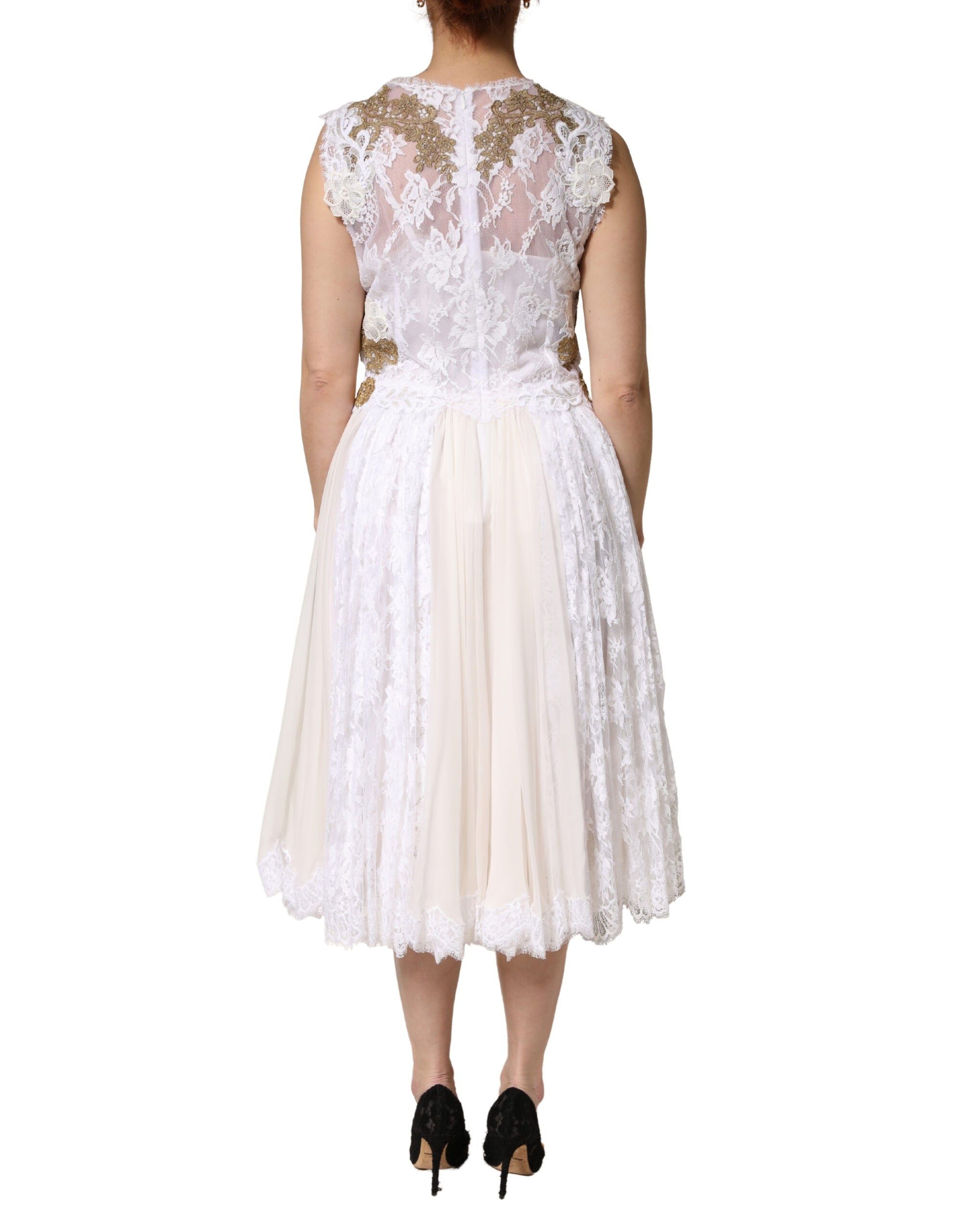 Dolce & Gabbana Ivory Lace Silk Embellished Sleeveless  Dress Dolce & Gabbana