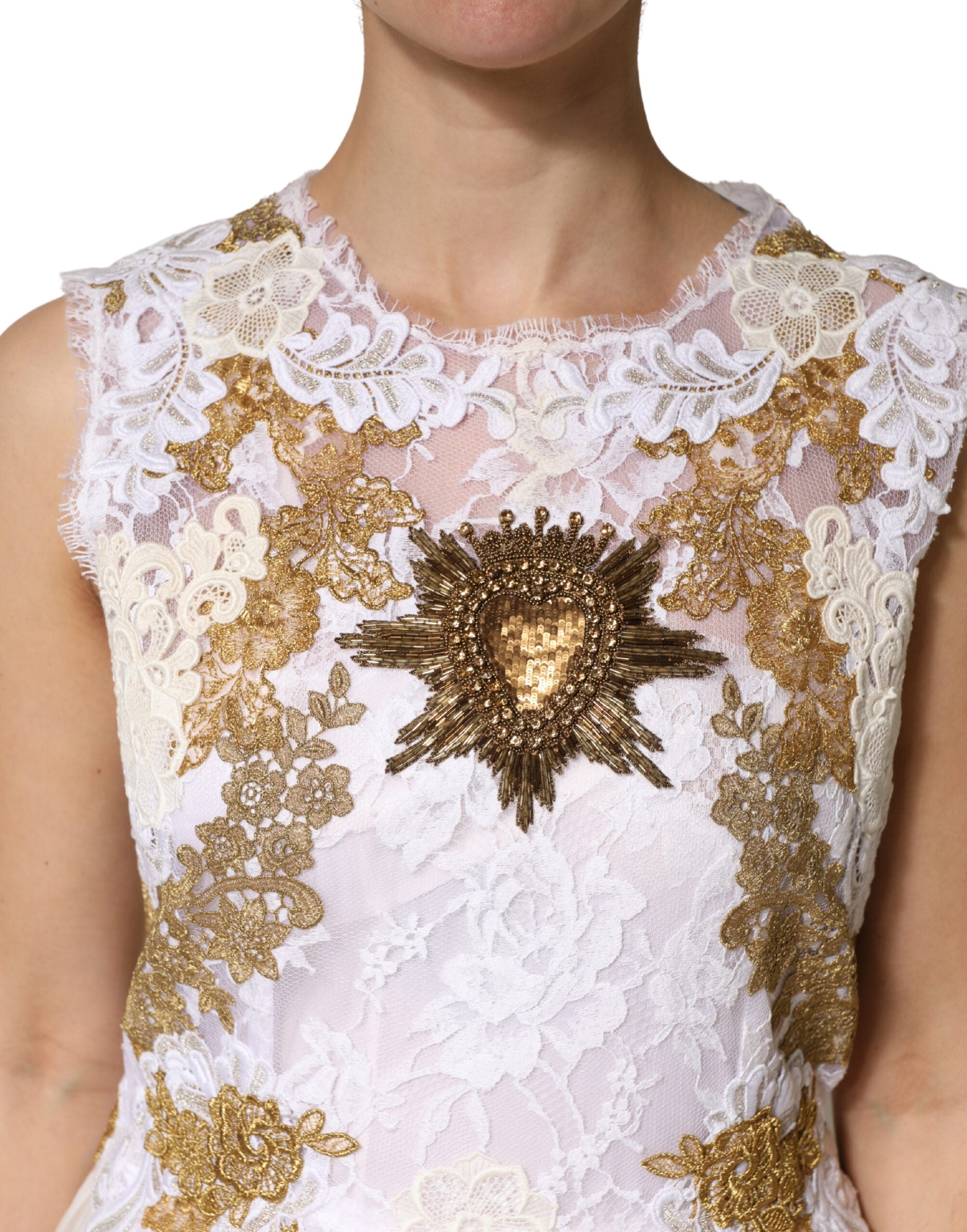 Dolce & Gabbana Ivory Lace Silk Embellished Sleeveless  Dress Dolce & Gabbana