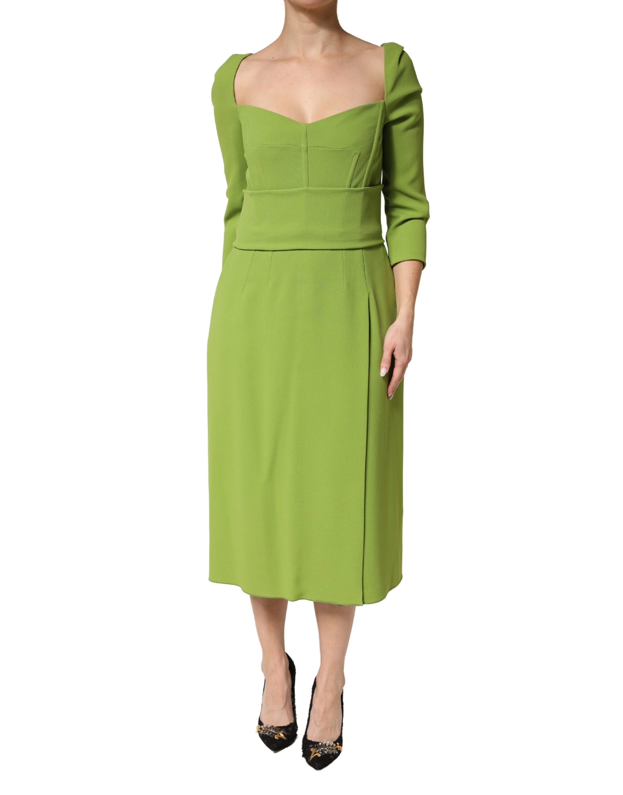 Dolce & Gabbana Green Silk Sweetheart Neckline Midi  Dress Dolce & Gabbana