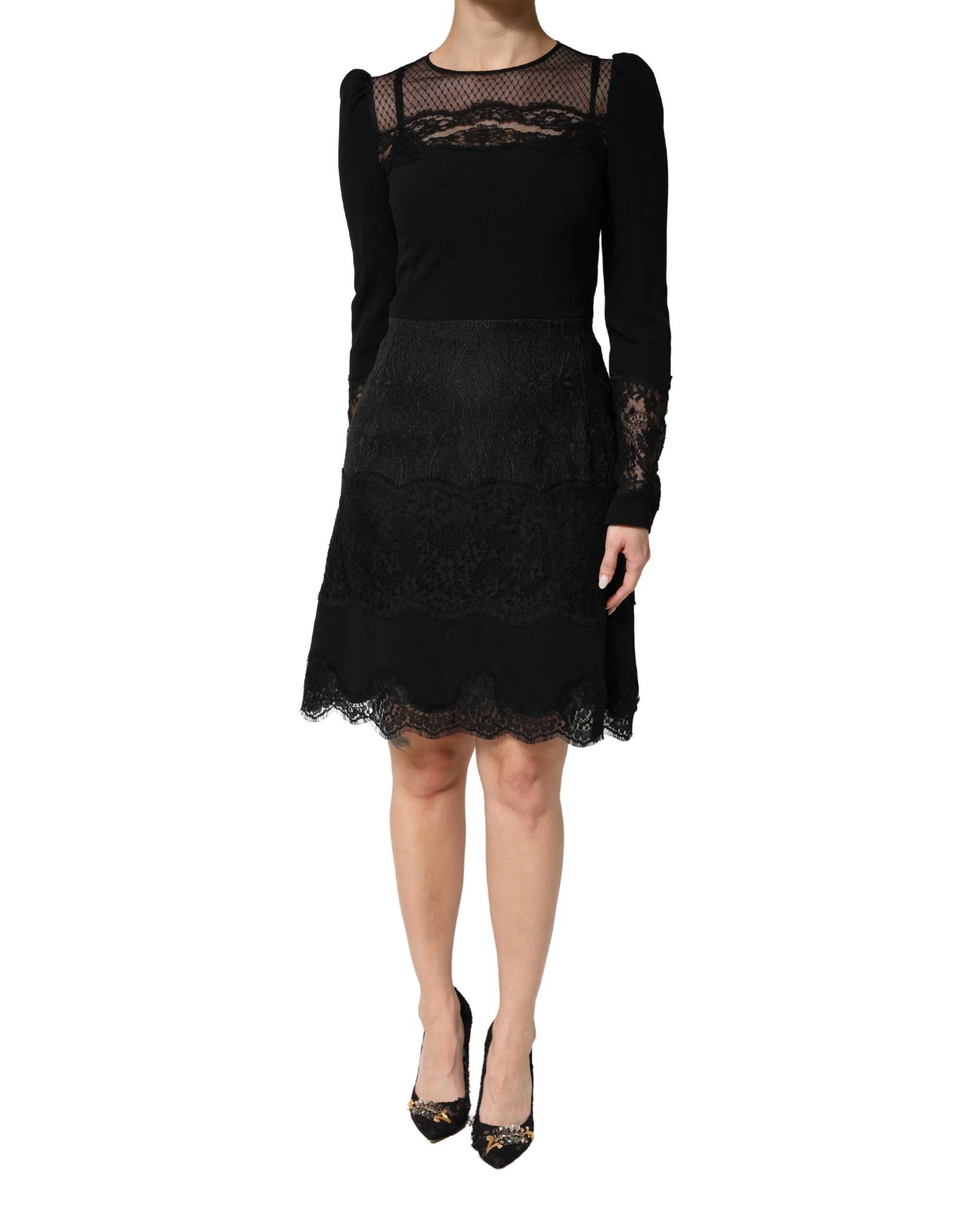 Dolce & Gabbana Black Lace Sheer Panel Midi Long Sleeve  Dress Dolce & Gabbana