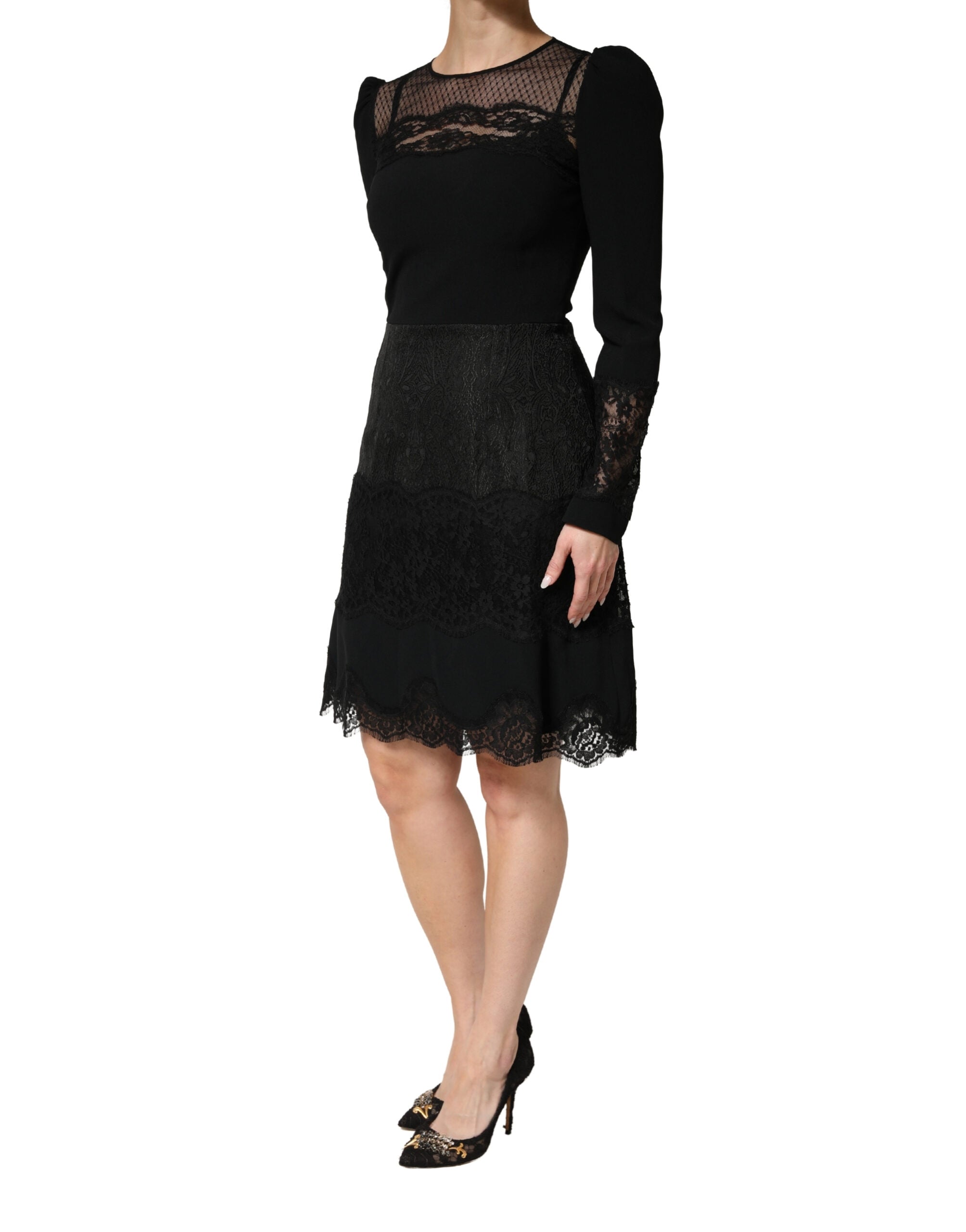 Dolce & Gabbana Black Lace Sheer Panel Midi Long Sleeve  Dress Dolce & Gabbana