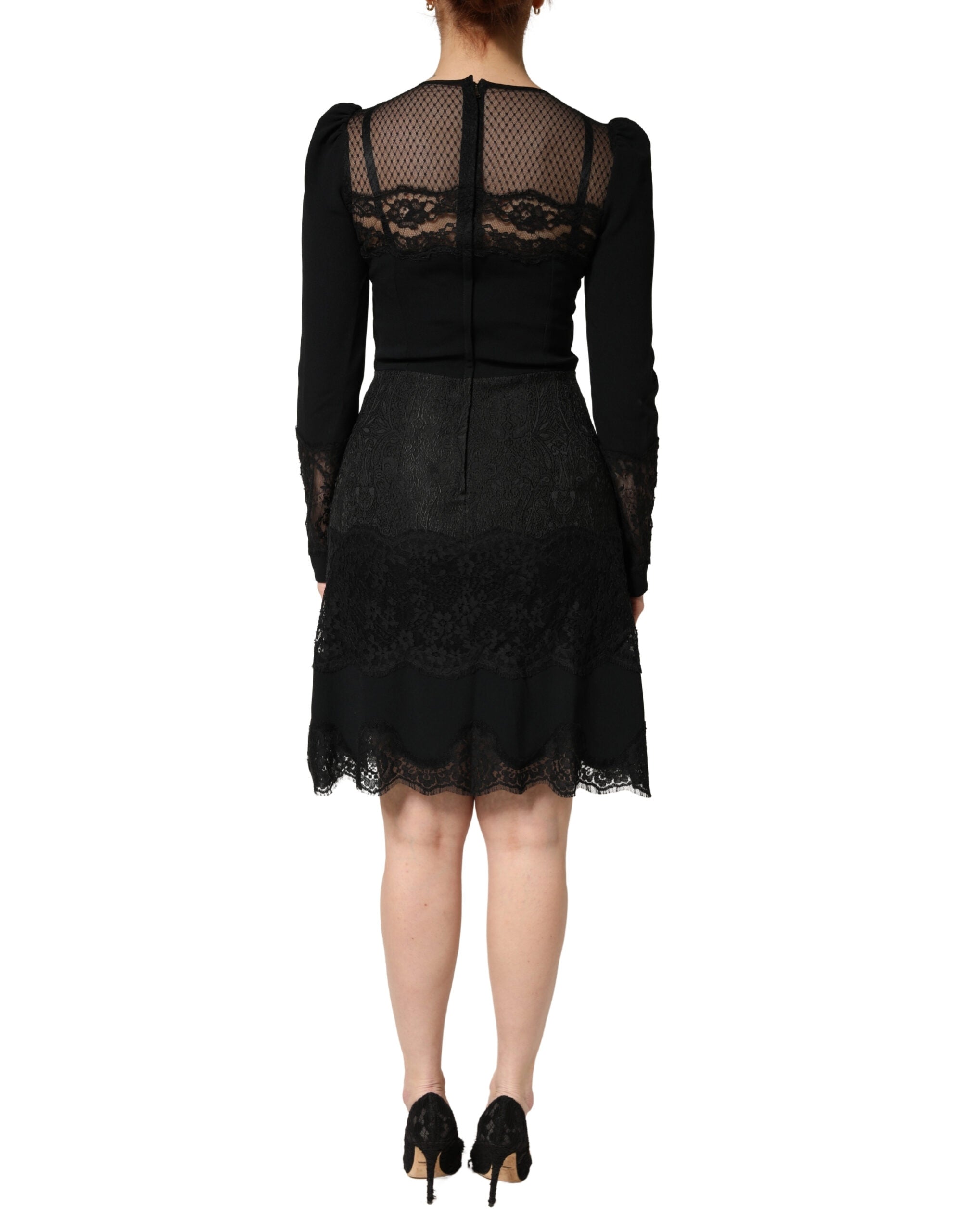 Dolce & Gabbana Black Lace Sheer Panel Midi Long Sleeve  Dress Dolce & Gabbana