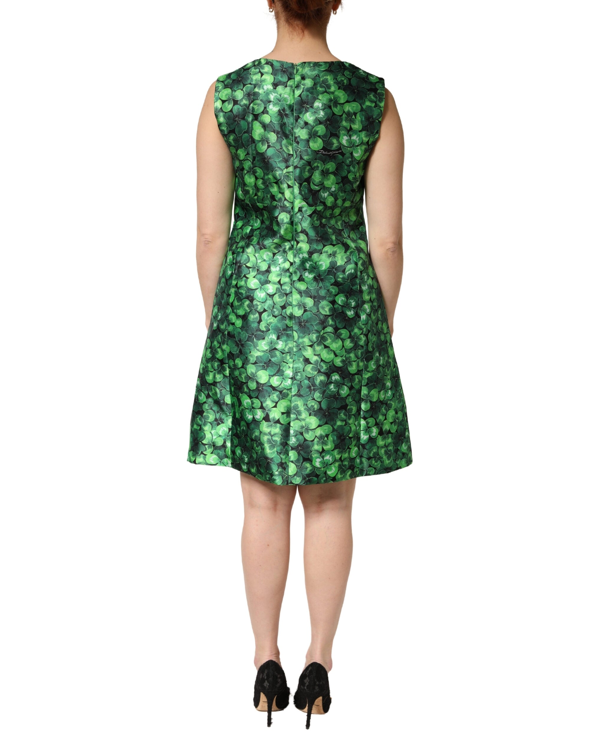 Dolce & Gabbana Green Clover Print Sleeveless A-Line  Dress Dolce & Gabbana