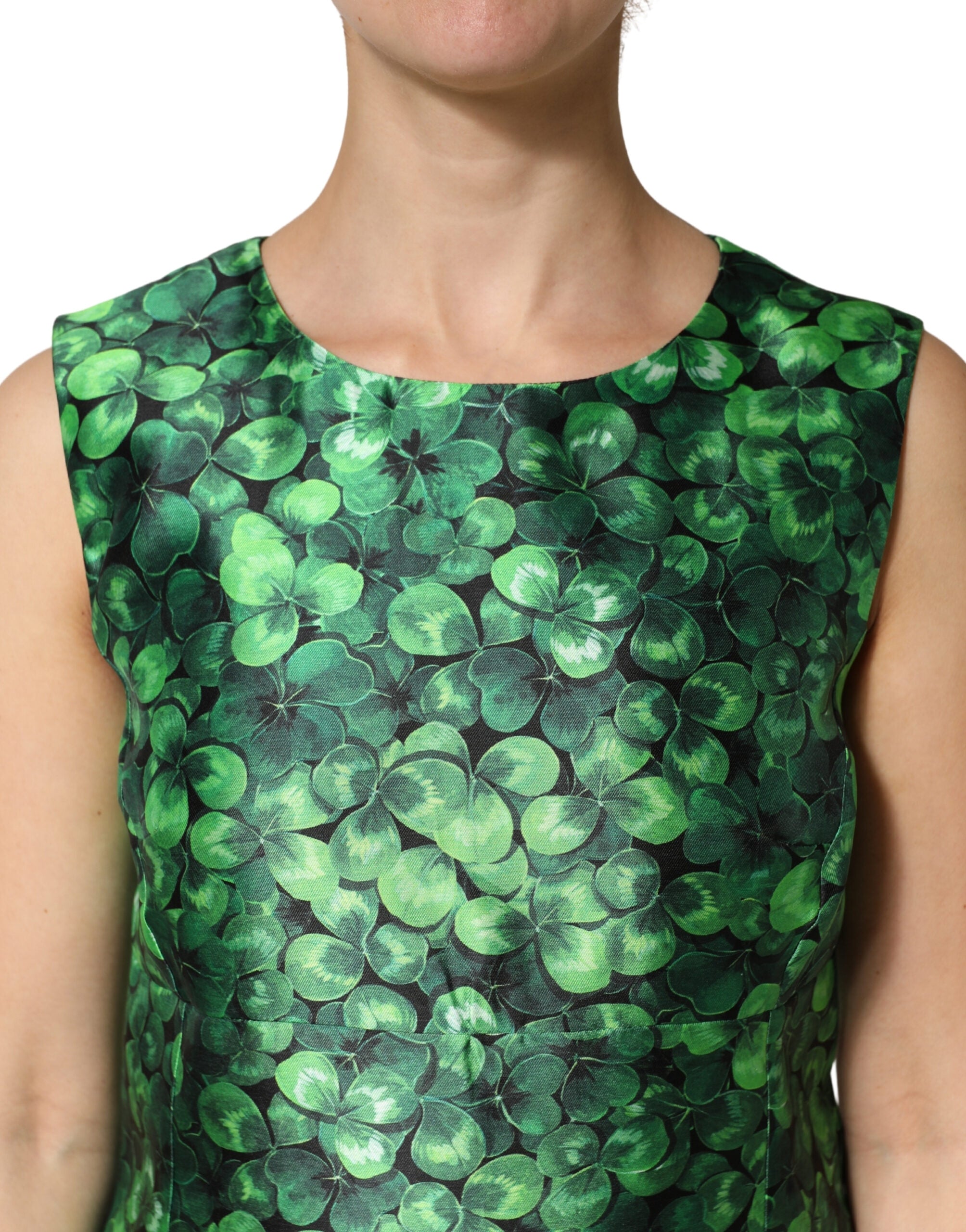 Dolce & Gabbana Green Clover Print Sleeveless A-Line  Dress Dolce & Gabbana