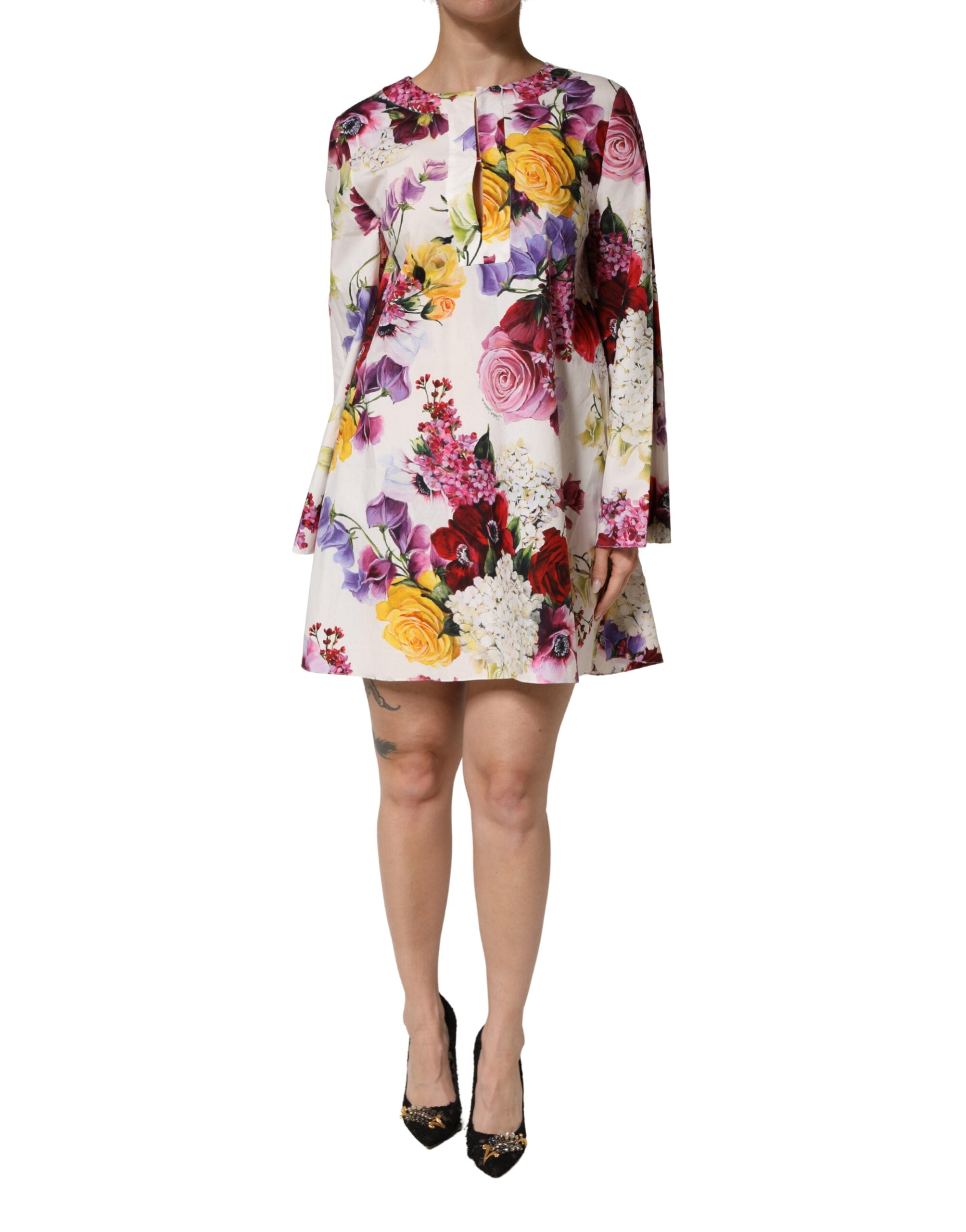 Dolce & Gabbana Multicolor Floral Cotton Longsleeves Midi Dress Dolce & Gabbana