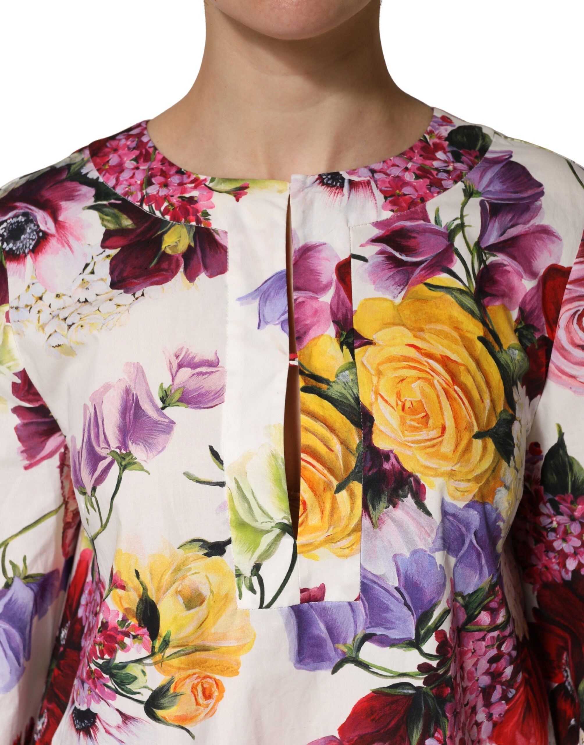 Dolce & Gabbana Multicolor Floral Cotton Longsleeves Midi Dress Dolce & Gabbana