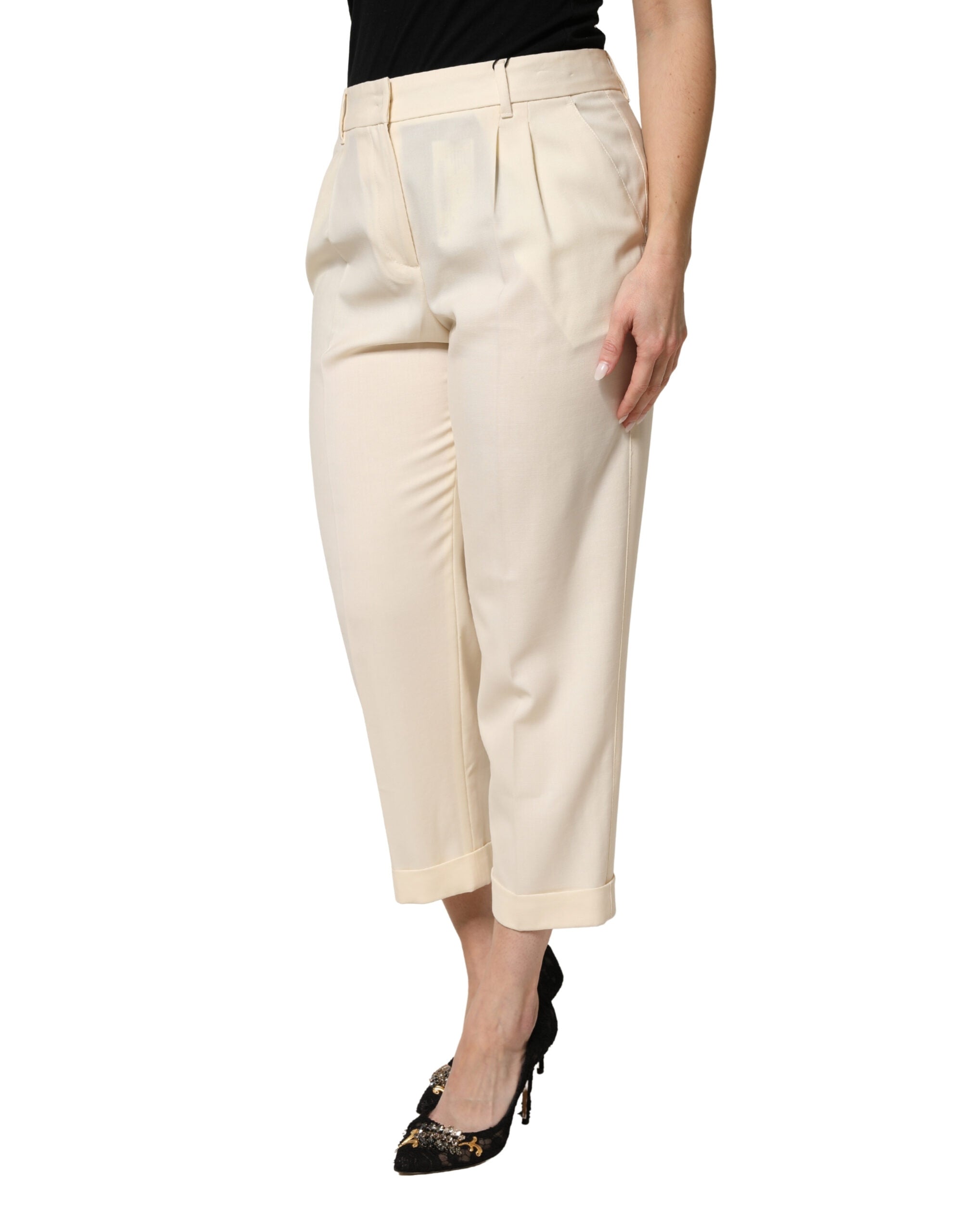 Dolce & Gabbana Ivory Wool Mid Waist Cropped Trouser Pants Dolce & Gabbana