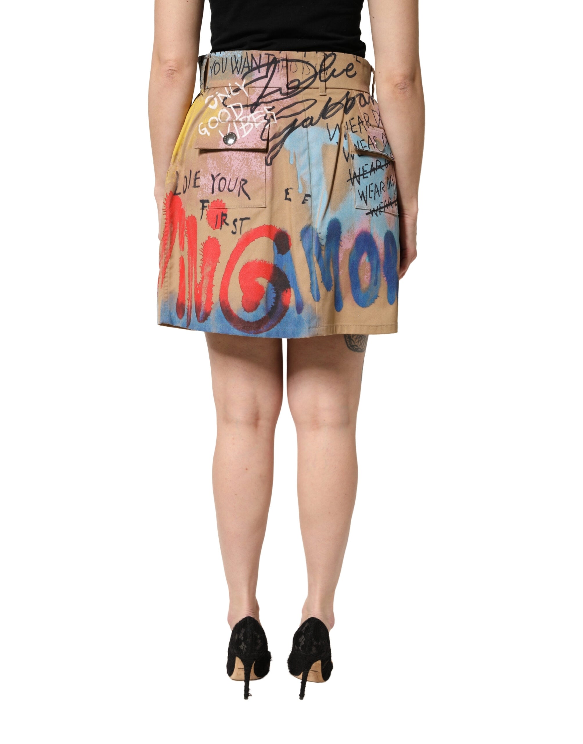 Dolce & Gabbana Beige Graffiti Print Cotton Blend Mini Skirt Dolce & Gabbana